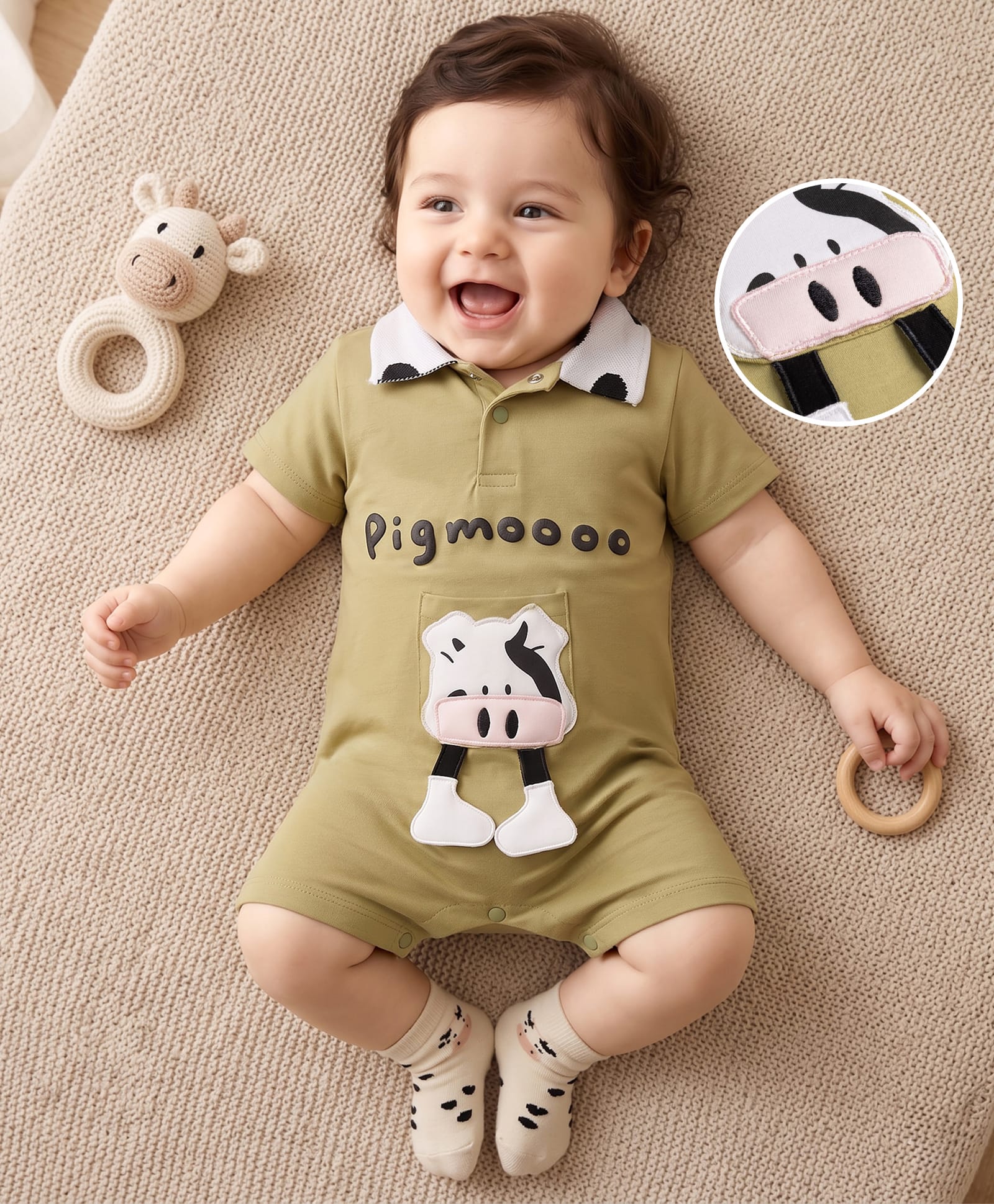 Mark & Mia Cotton Knit Half Sleeves Romper With Pig Applique & Pocket Detailing - Green-image-1