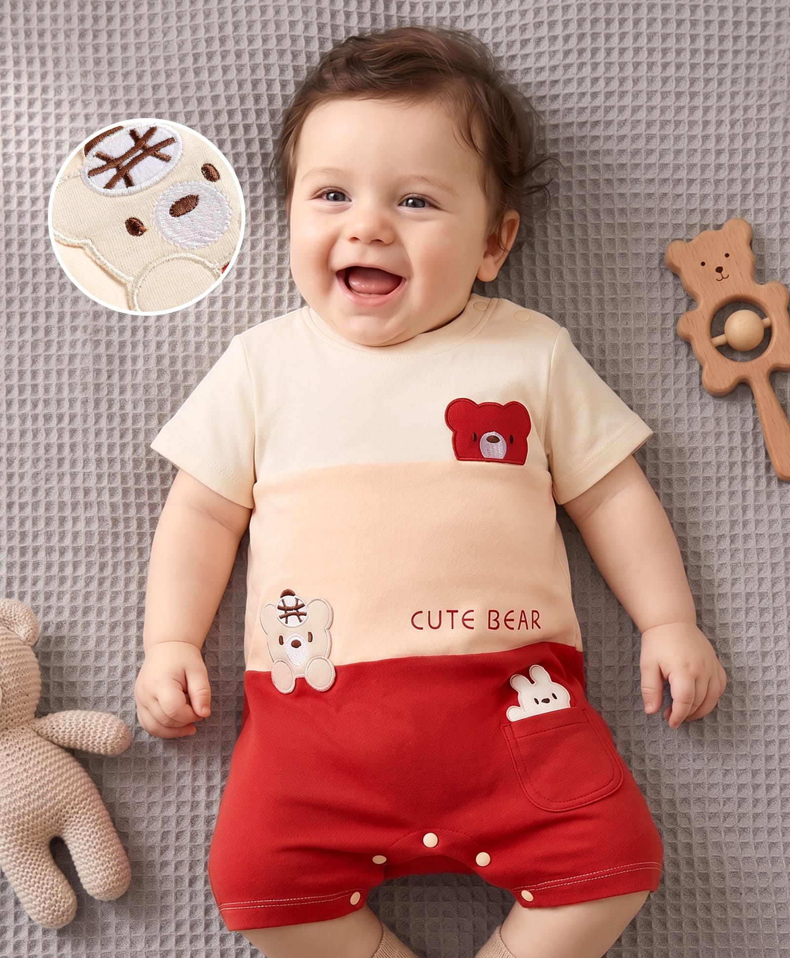 Mark & Mia Cotton Knit Half Sleeves Cut N Sew Bear Embroidered Romper With Bear Applique - Multicolor-image-13