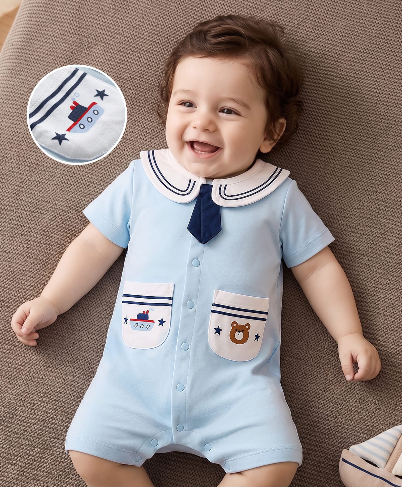 Mark & Mia 100% Cotton Knit Half Sleeves Bear Printed Romper With Peter Pan Collar & Pocket Detailing - Light Blue & White-image-5