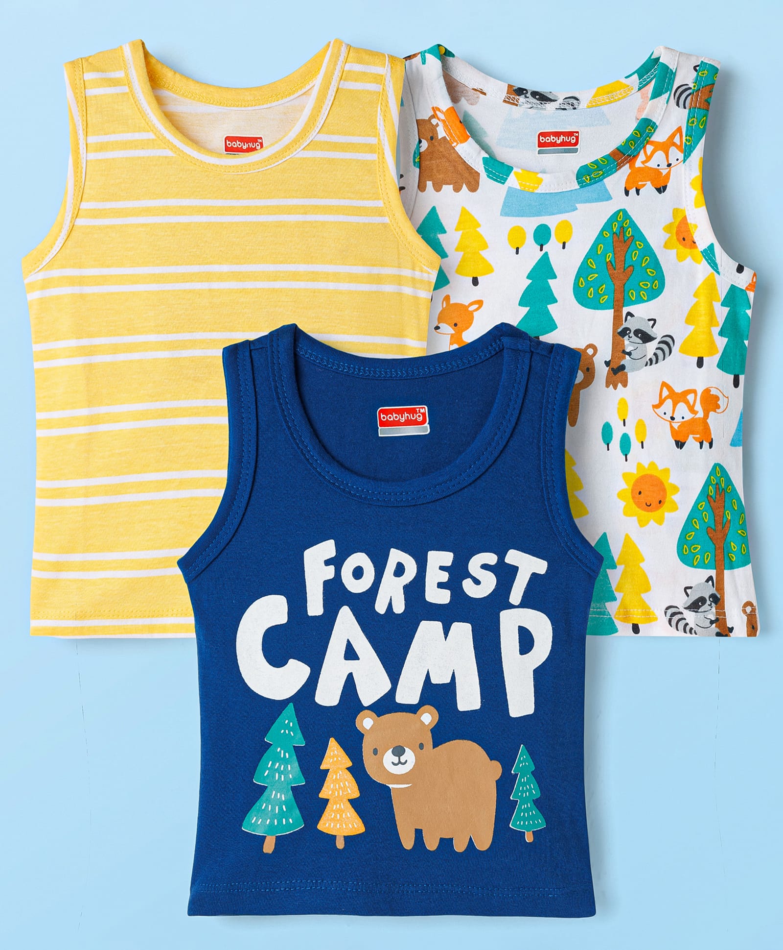 Babyhug 100% Cotton Single Jersey Knit Antibacterial Sleeveless Vests With Forest Print Pack of 3 - Multicolor-image-40