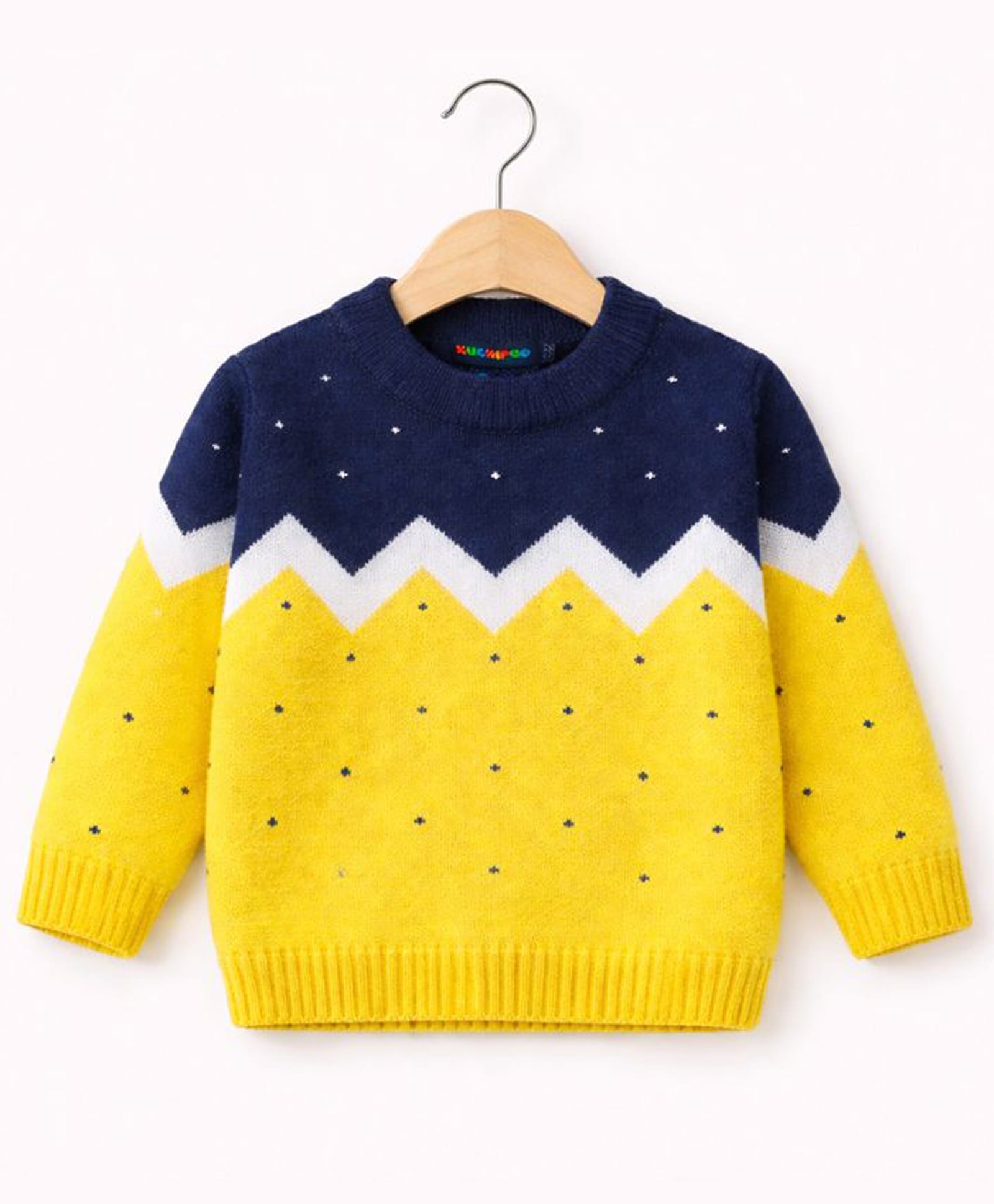 KUCHIPOO Fleece Knit Full Sleeves Colour Blocked Sweater - Yellow & Navy Blue-picture-26