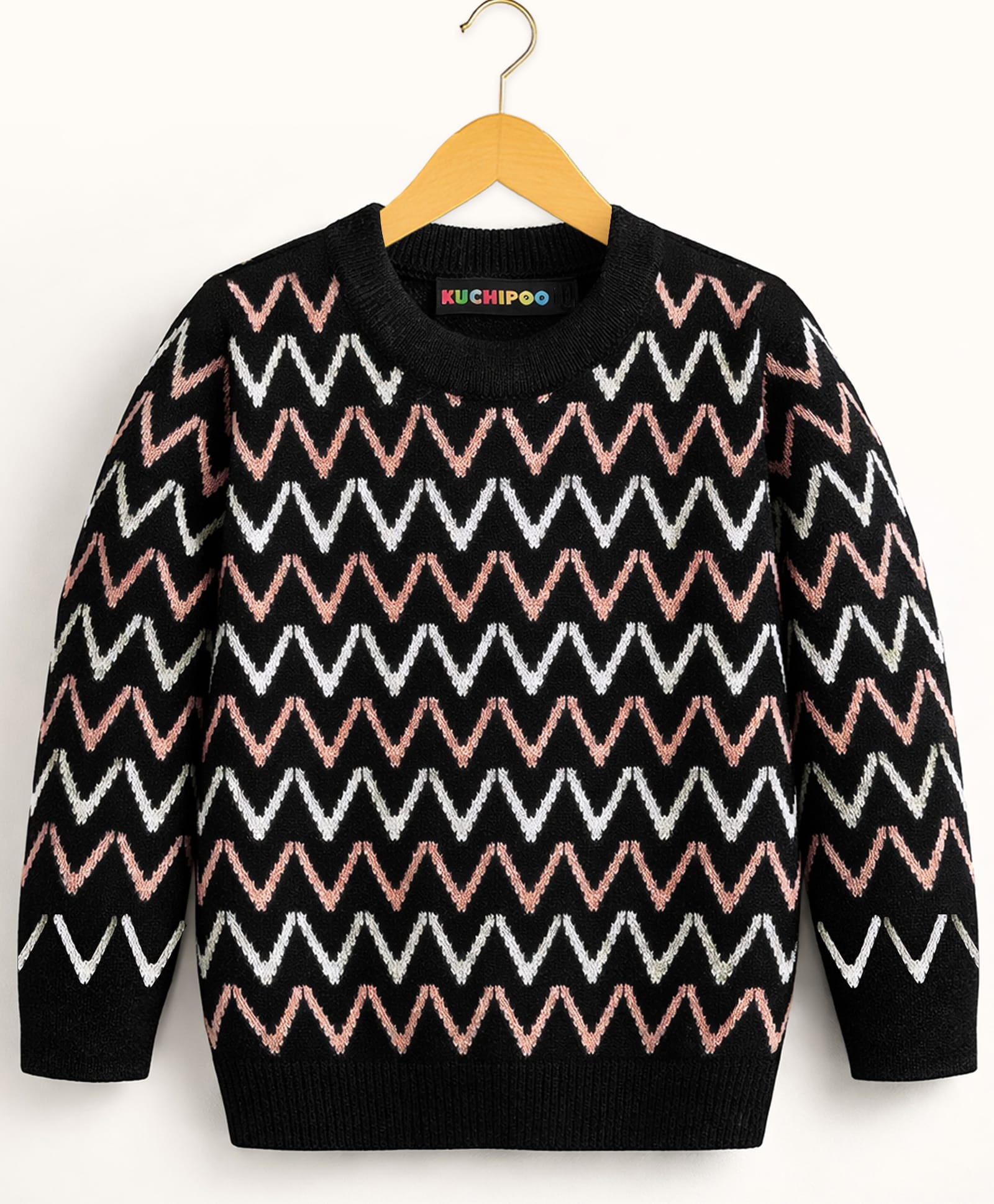 KUCHIPOO Fleece Knit Full Sleeves Chevron Designed Winter Sweatshirt - Black-image-23
