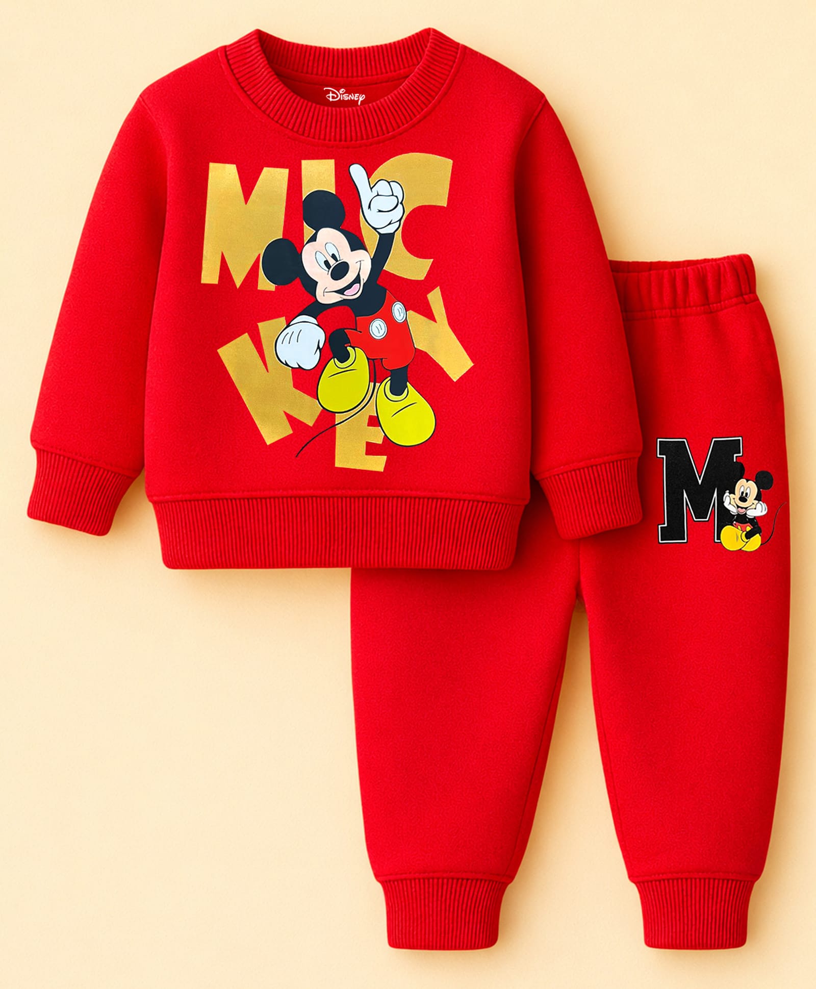KUCHIPOO Fleece Knit Disney Featuring Full Sleeves Mickey Mouse Printed Winter Sweatshirt & Joggers Set - Red