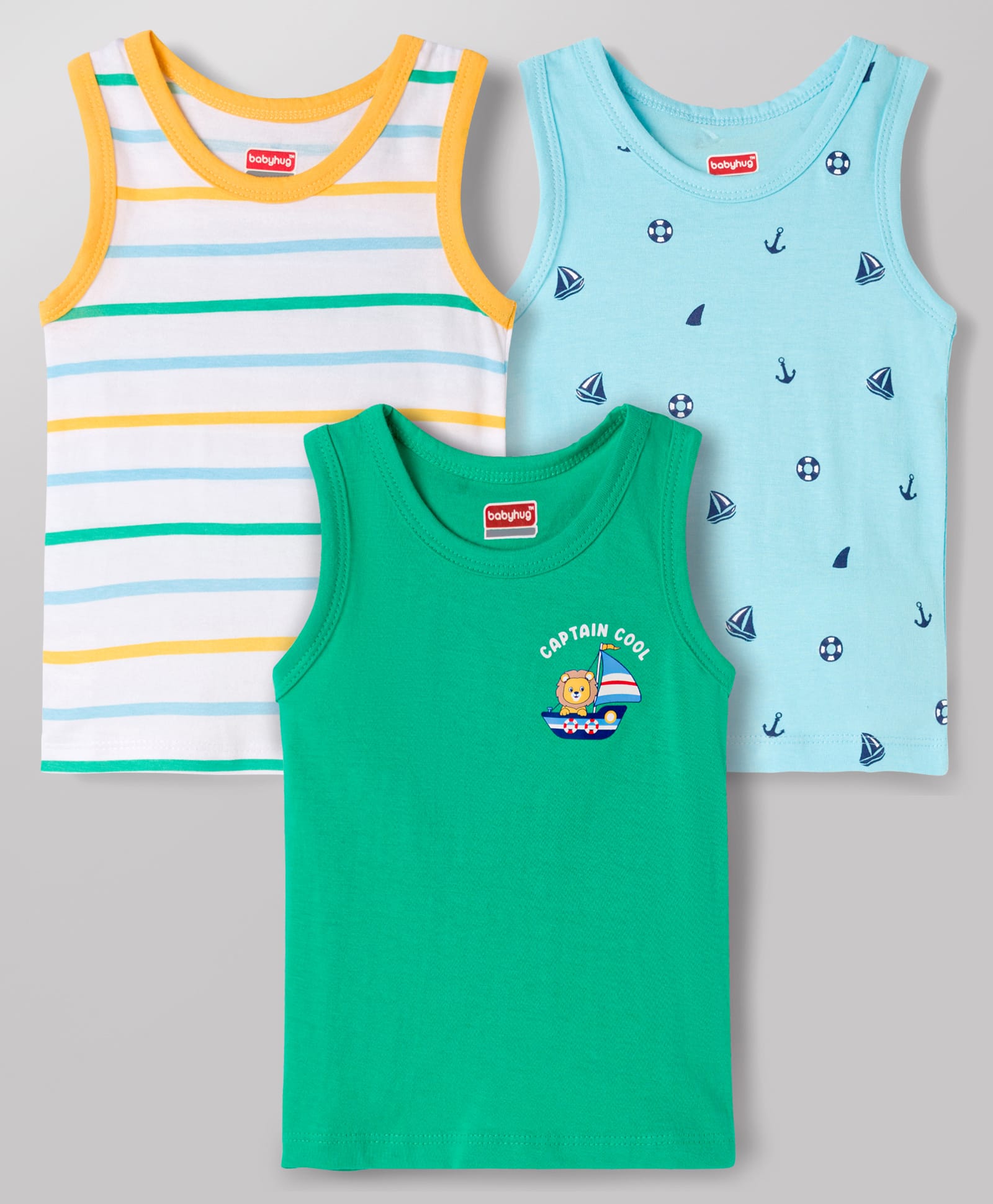 Babyhug 100% Antibacterial Cotton Knit Sleeveless Striped & Nautical Theme Printed Vests Pack of 3 - Blue White & Green-image-43