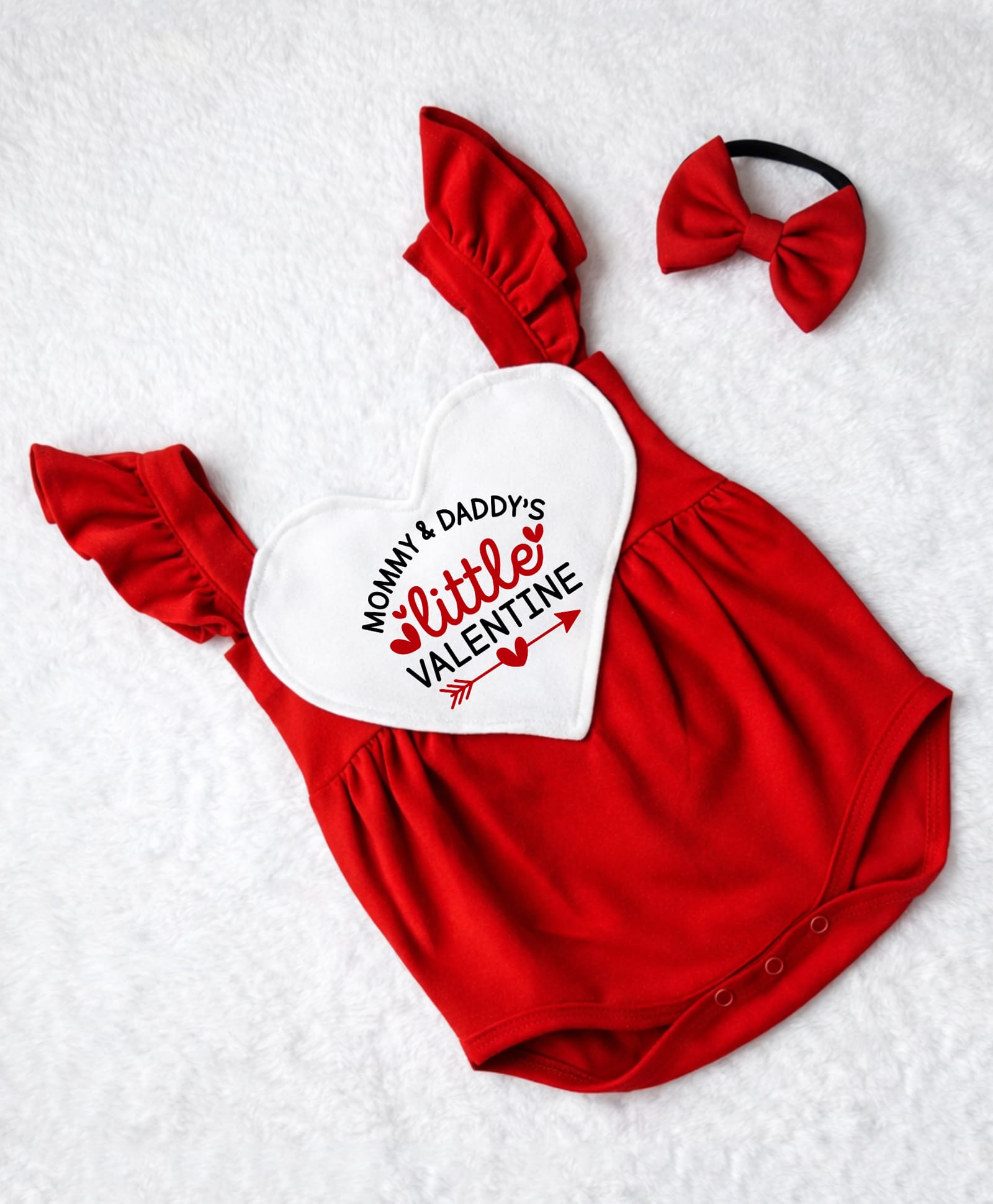 KNITROOT Cotton Knit Valentine Theme Frill Sleeves Heart Patch Detailed Mommy & Daddys Little Valentine Text Printed Onesie With Headband - Red & White