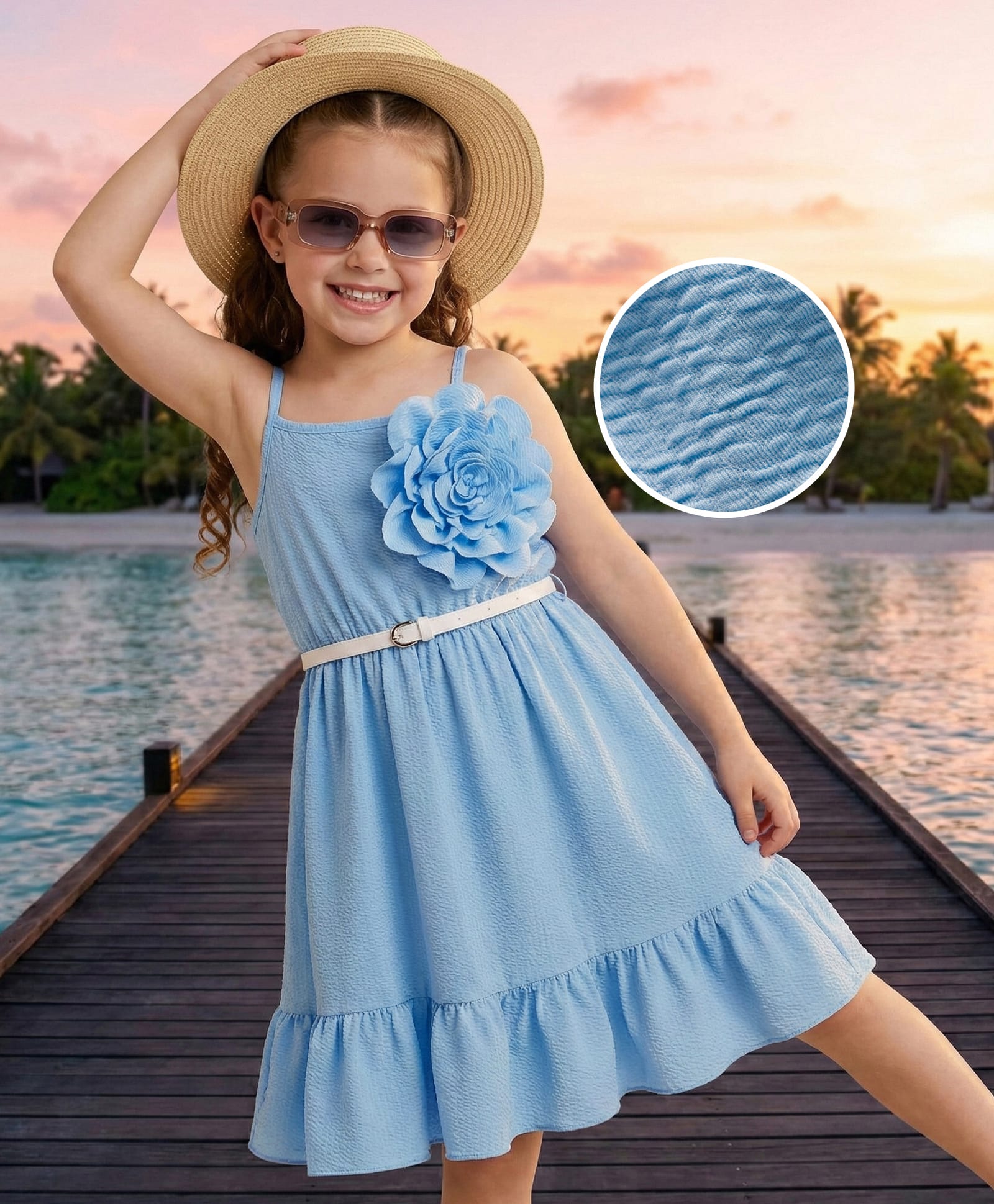 Hola Bonita Knit Sleeveless Solid Dress With Floral Applique & Belt - Blue-image-28