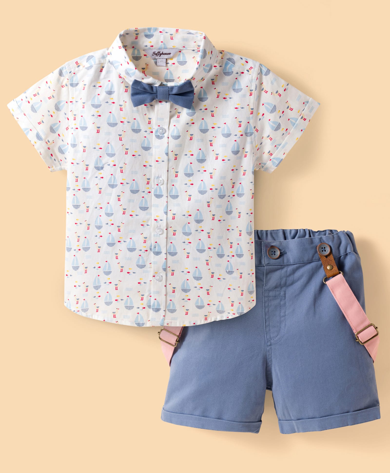 ToffyHouse Cotton Knit Half Sleeves Boat Printed Party Shirt & Shorts Set with Bow & Suspender - Blue-picture-25