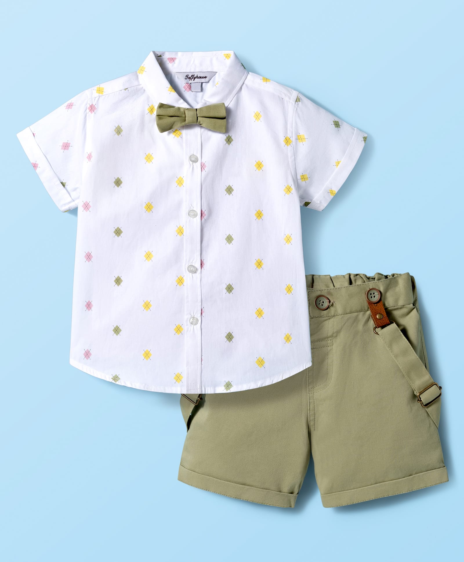 ToffyHouse Cotton Knit Half Sleeves Printed Party Shirt & Shorts Set with Bow & Suspender - Olive Green-image-39
