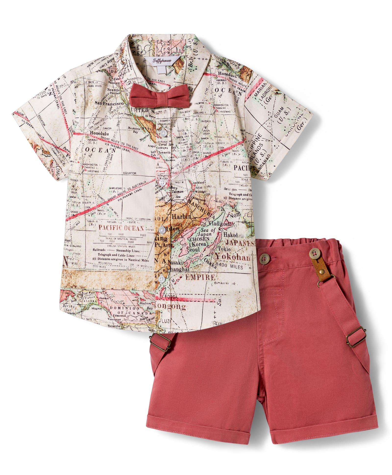 ToffyHouse Cotton Knit Half Sleeves World Map Printed Party Shirt & Shorts Set With Bow & Suspender - Multicolor-picture-28
