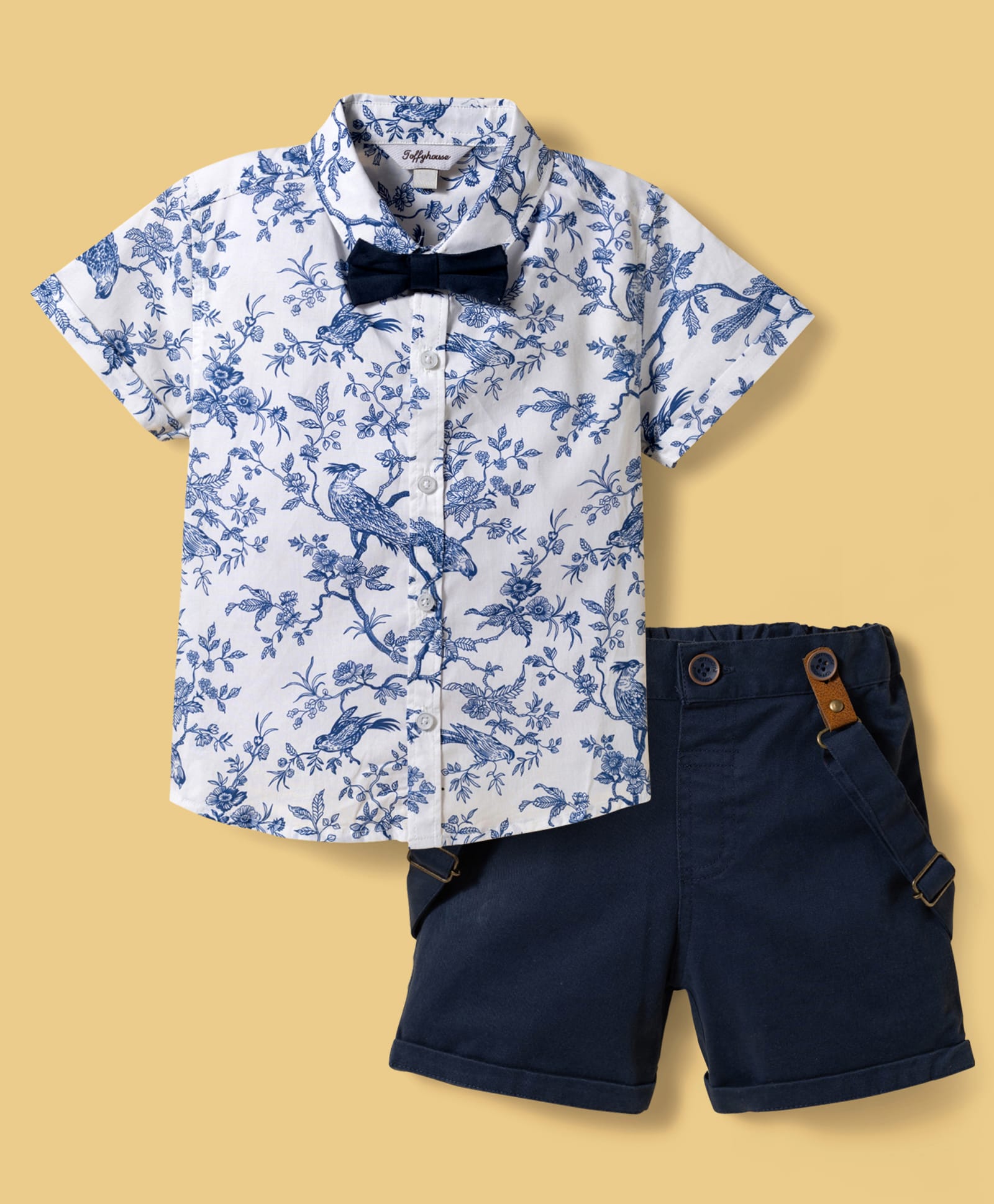 ToffyHouse Cotton Knit Half Sleeves Bird & Floral Printed Party Shirt & Shorts Set with Bow & Suspender - Navy Blue-picture-32