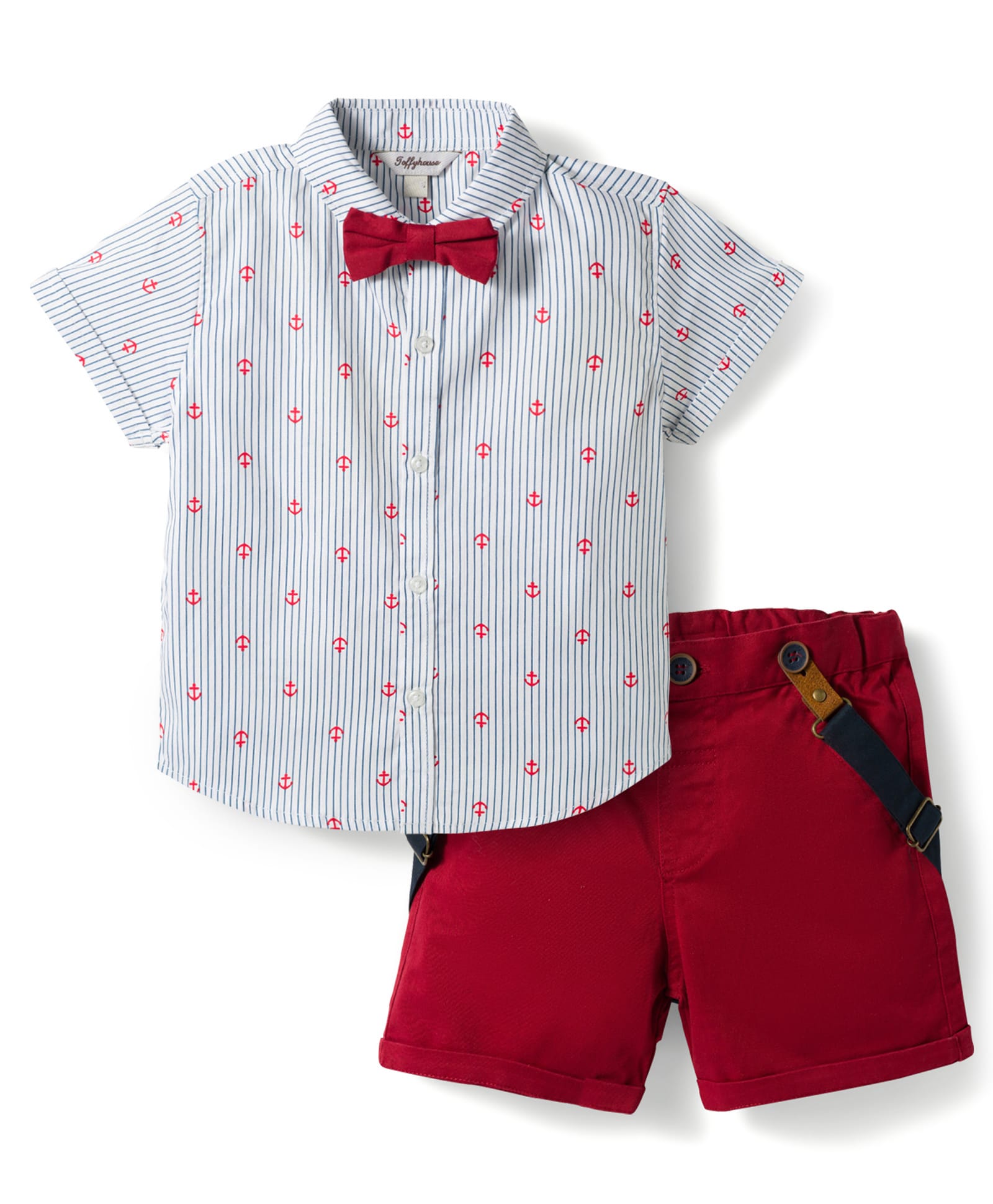 ToffyHouse Cotton Knit Half Sleeves Anchor Printed Party Shirt & Shorts Set with Bow & Suspender- Dark Red-picture-10
