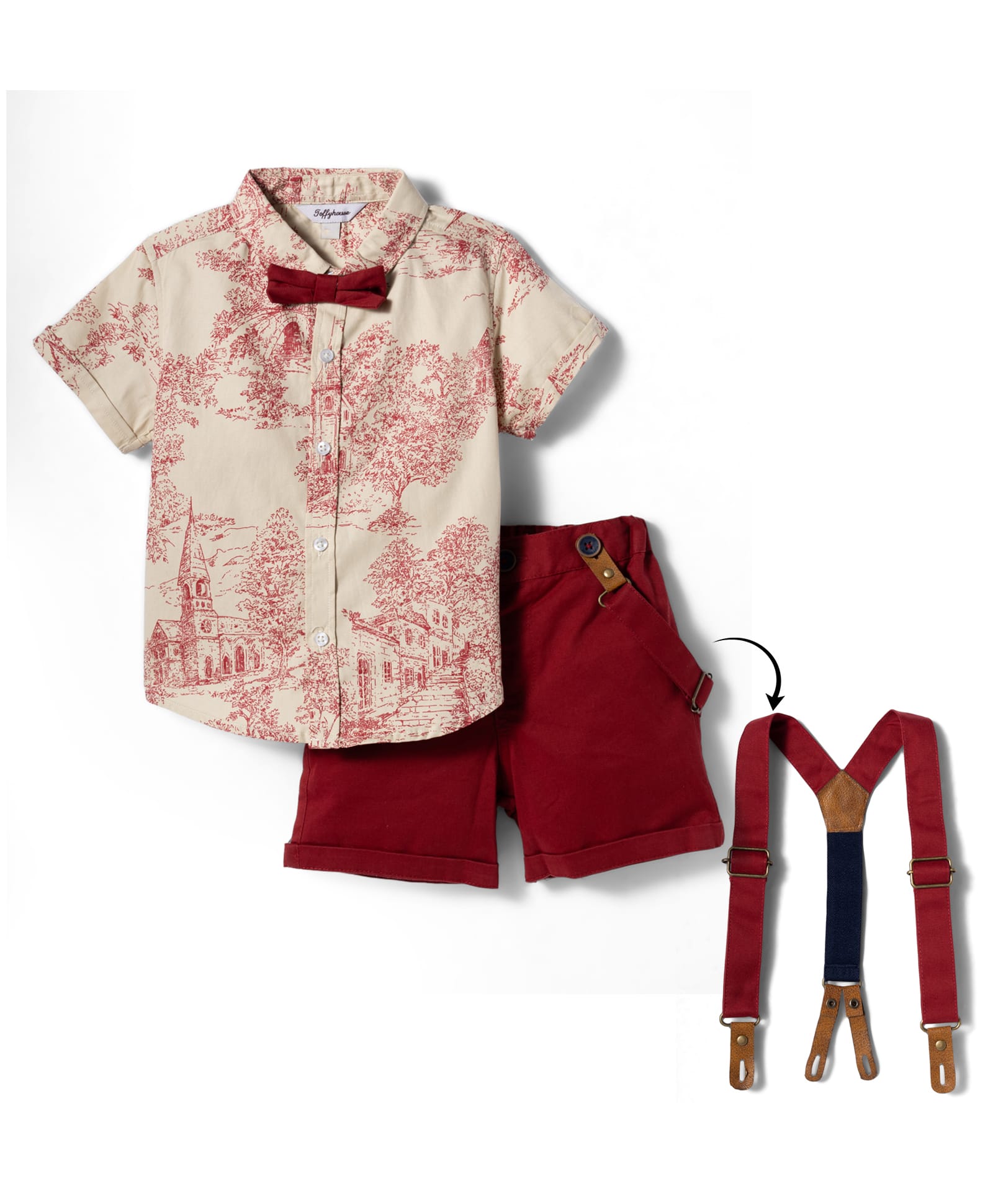 ToffyHouse Cotton Knit Half Sleeves Tree Printed Party Shirt & Shorts Set With Bow & Suspender - Red-picture-11
