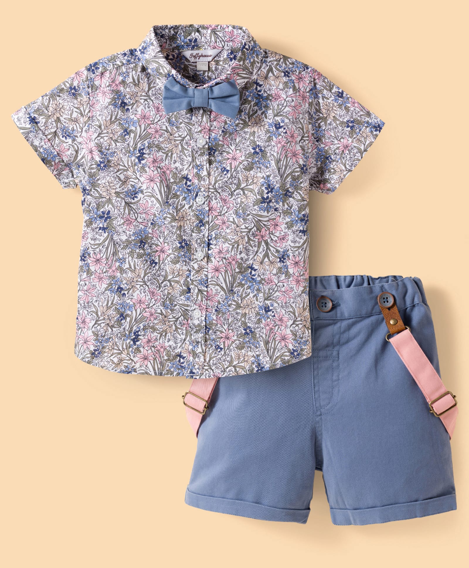 ToffyHouse Cotton Knit Half Sleeves Floral Printed Party Shirt & Shorts Set with Bow & Suspender- Blue-picture-29