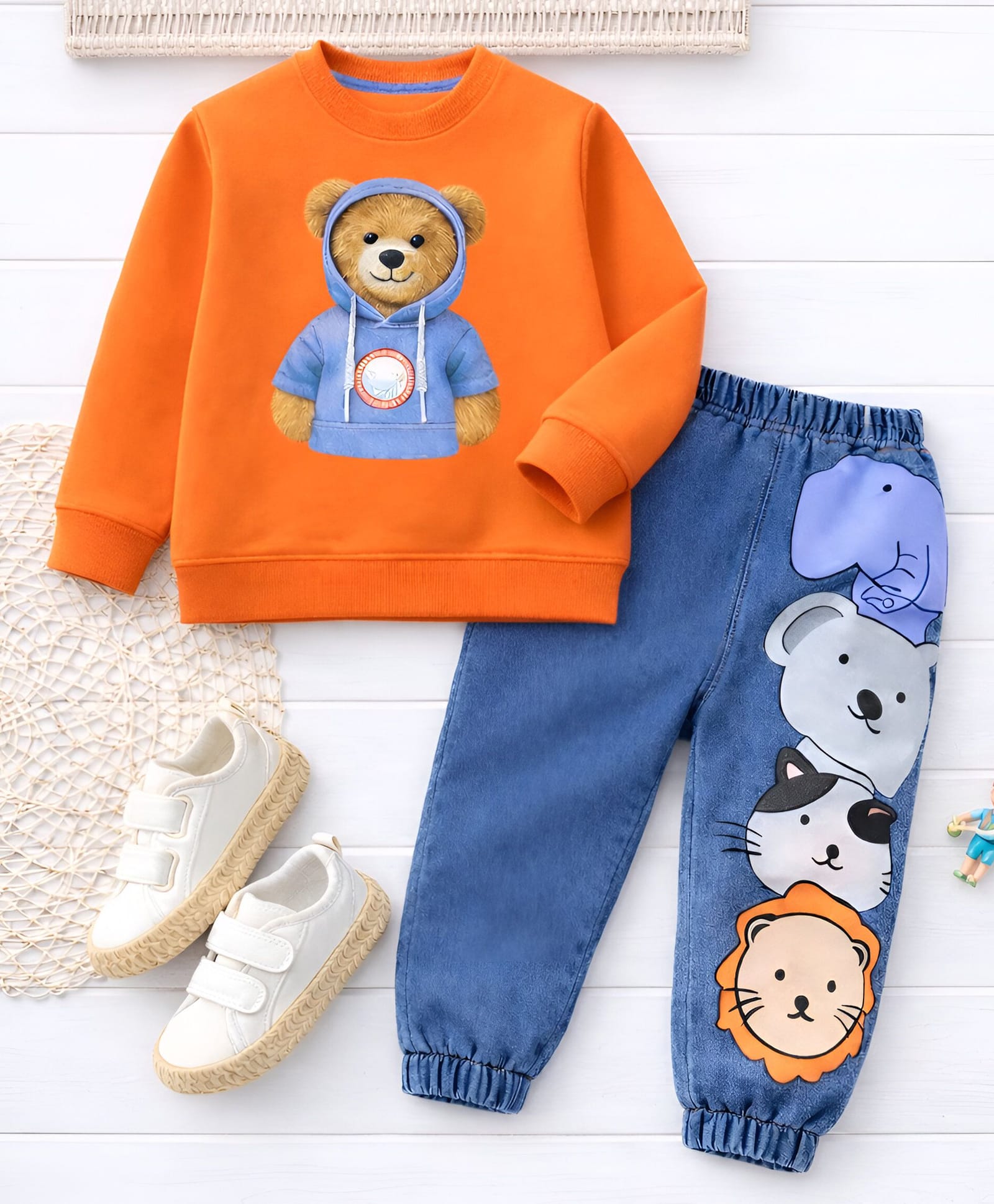 Googo Gaaga Cotton Loop Knit Full Sleeves Teddy Printed Winter Sweatshirt & Jeans Set - Orange