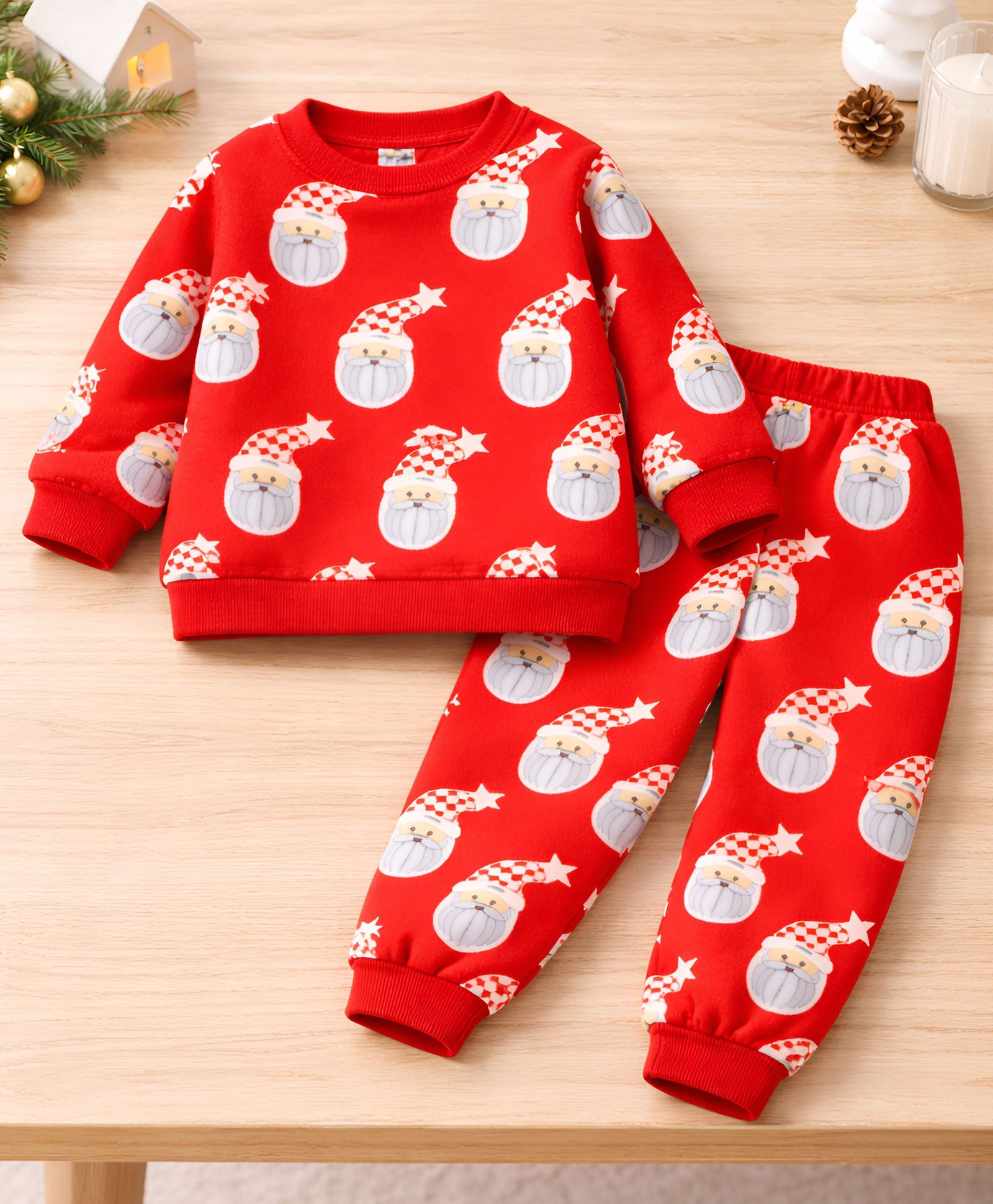 Googo Gaaga Cotton Fleece Knit Full Sleeves Santa Claus Printed Winter Sweatshirt & Joggers Set - Red-image-22