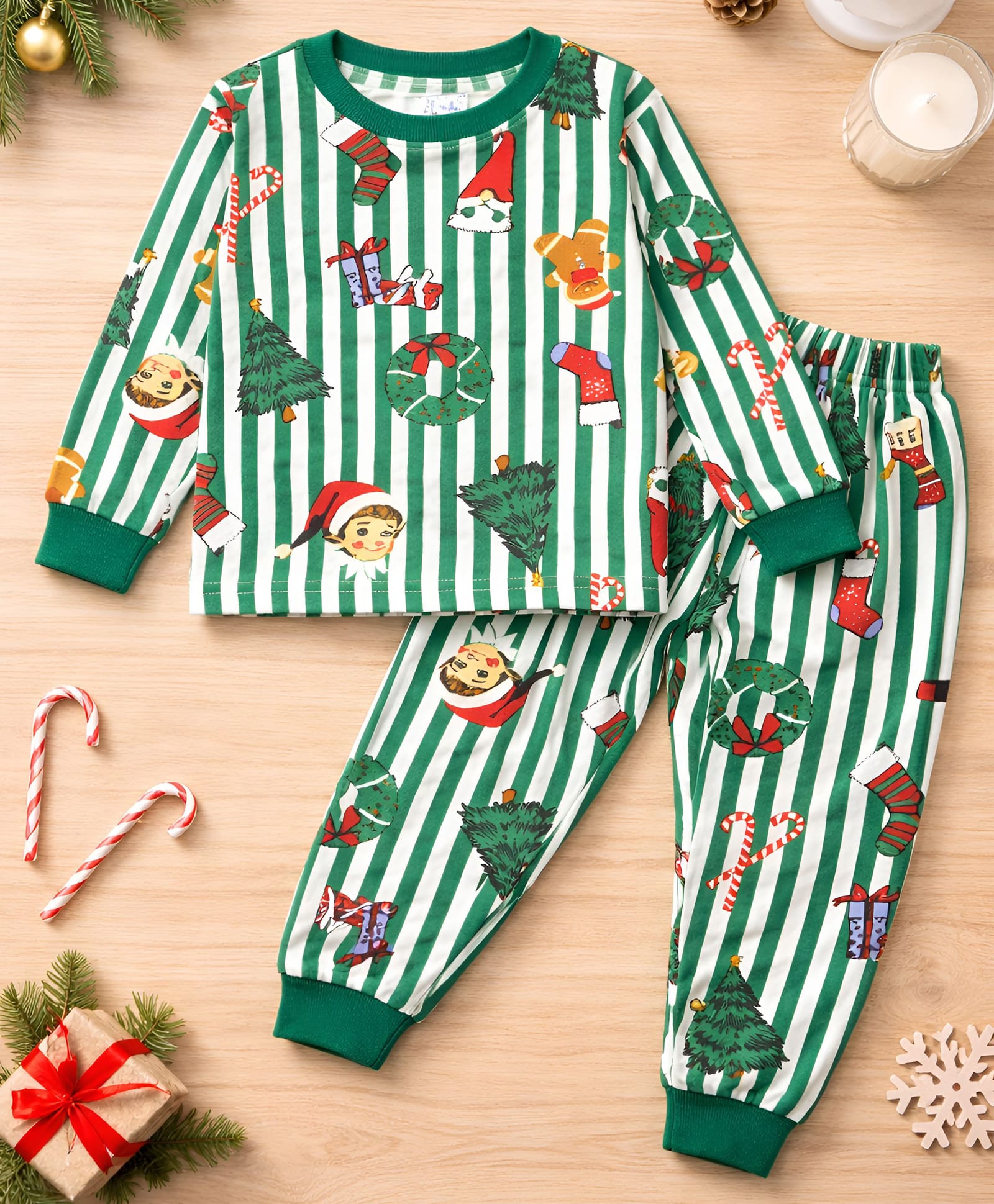 Googo Gaaga Cotton Fleece Knit Full Sleeves Striped Christmas Tree & Gift Printed Winter Sweatshirt & Joggers Set - Green-image-33
