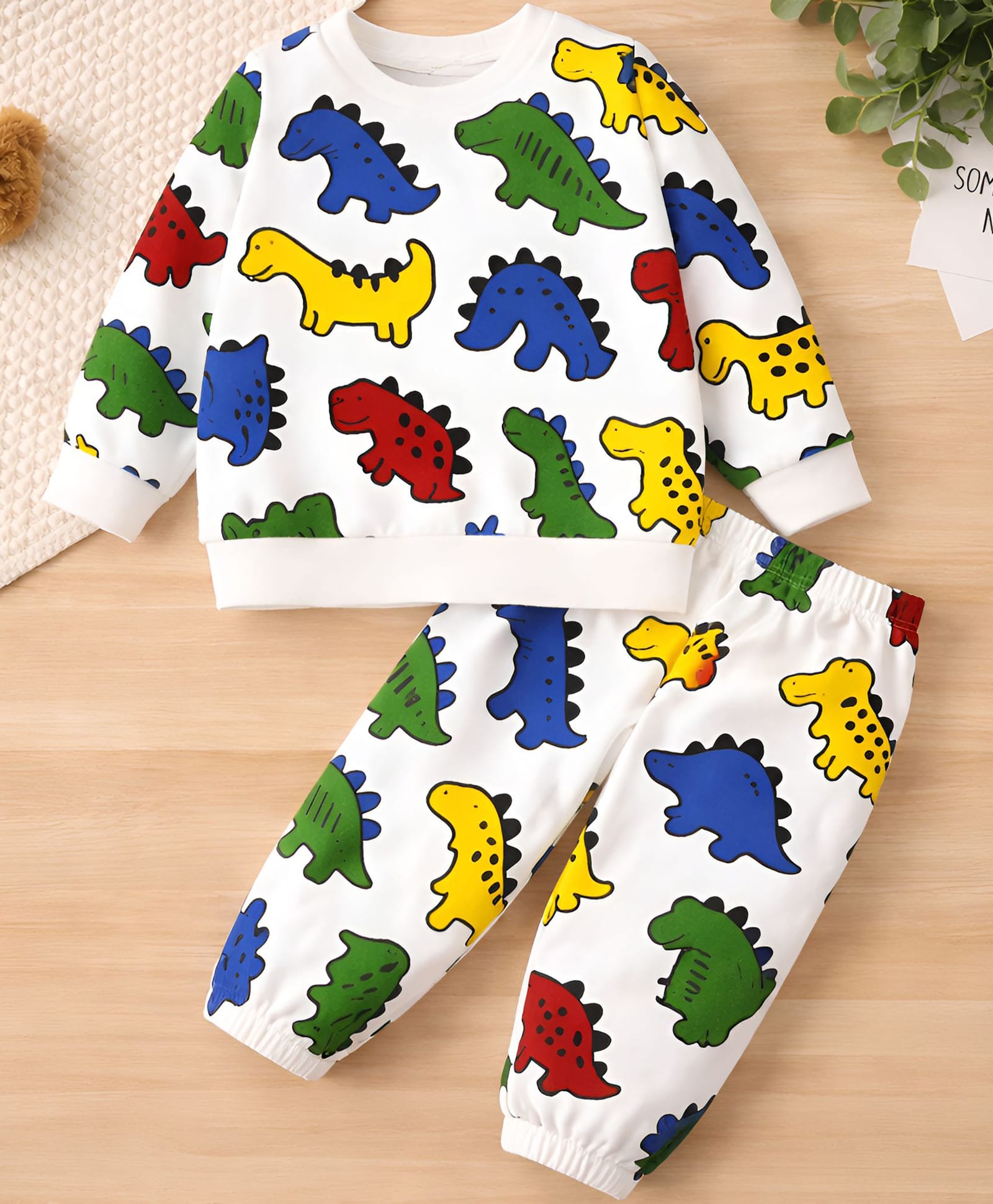 Googo Gaaga Cotton Fleece Knit Full Sleeves Dinosaur Printed Winter Sweatshirt & Joggers Set - White