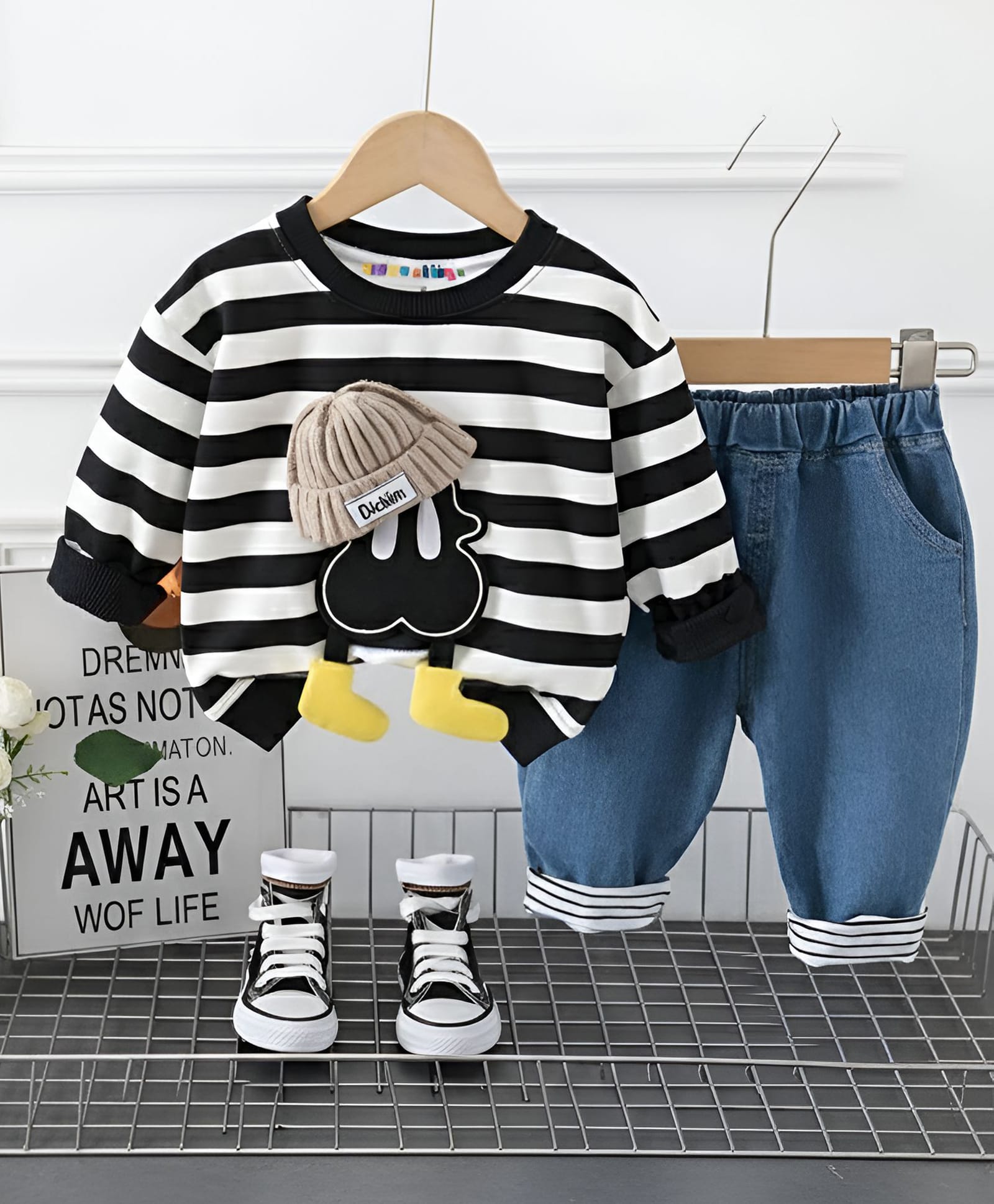 Googo Gaaga Cotton Loop Knit Full Sleeves Striped Cartoon Patch Detailed Winter Sweatshirt & Jeans Set - White & Black-picture-19