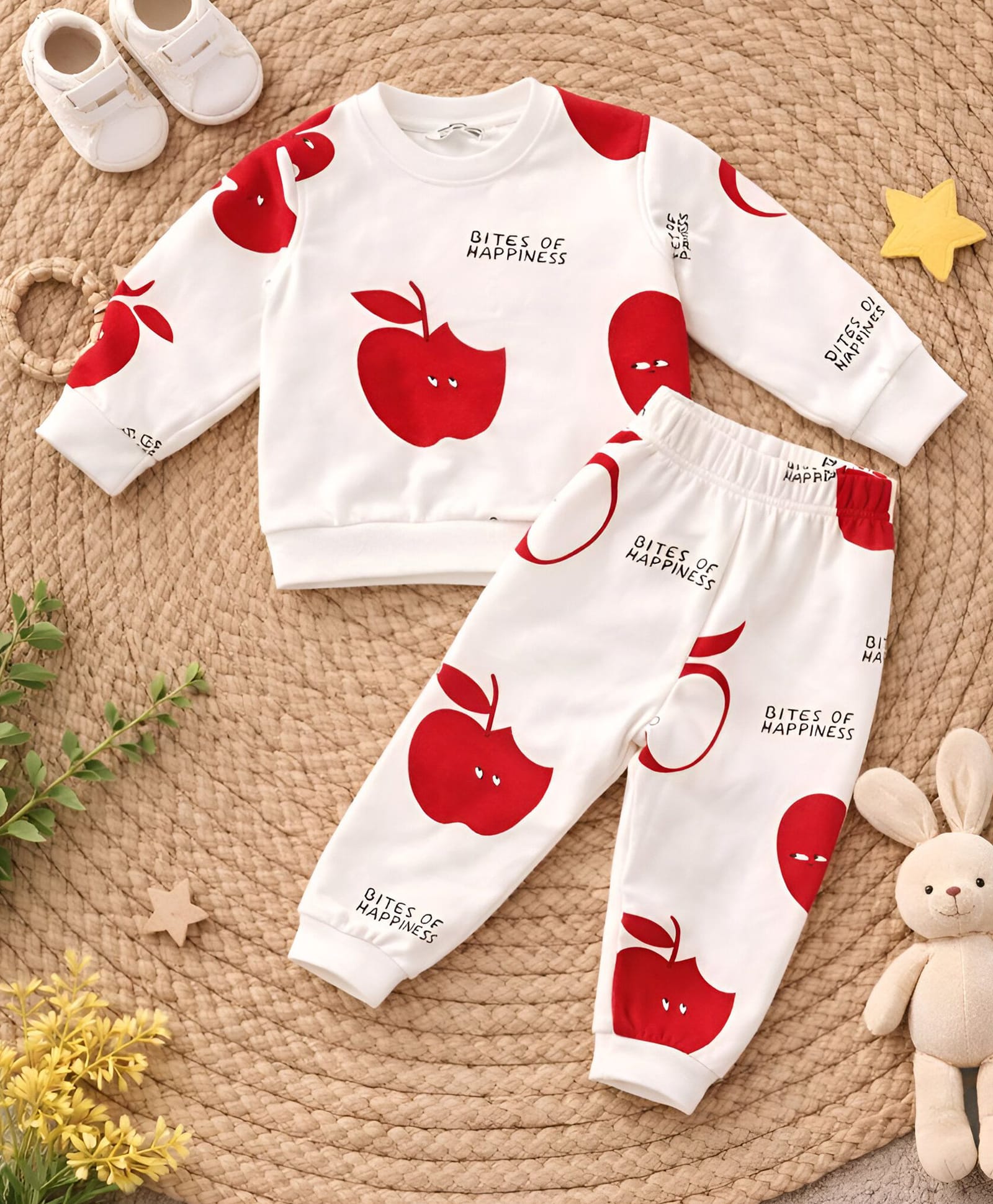 Googo Gaaga Cotton Fleece KnitFull Sleeves Apple & Bites Of Happiness Text Printed Winter Sweatshirt & Joggers Set - White