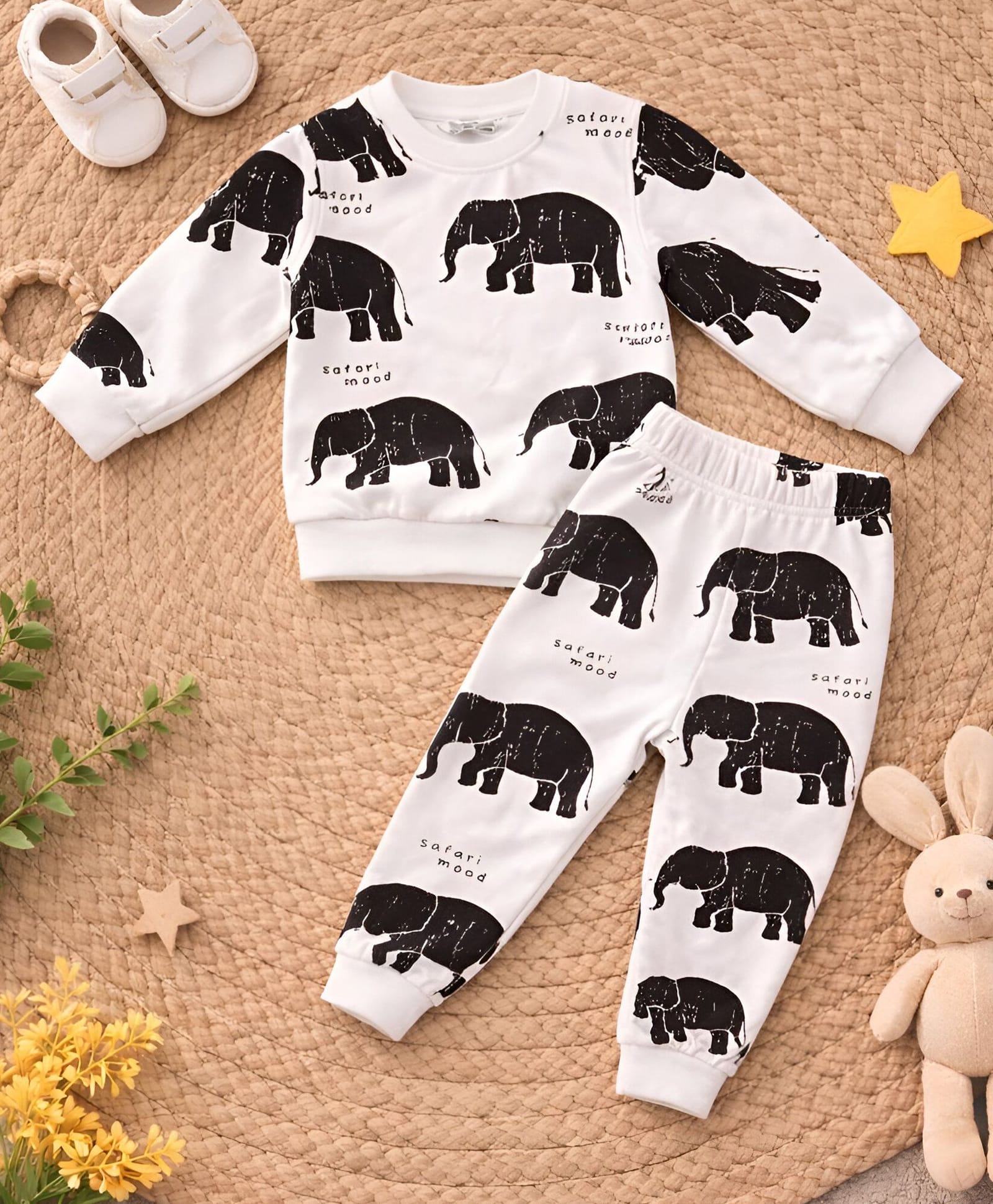 Googo Gaaga Cotton Fleece KnitFull Sleeves Elephant & Safari Mood Text Printed Winter Sweatshirt & Joggers Set - White-image-23