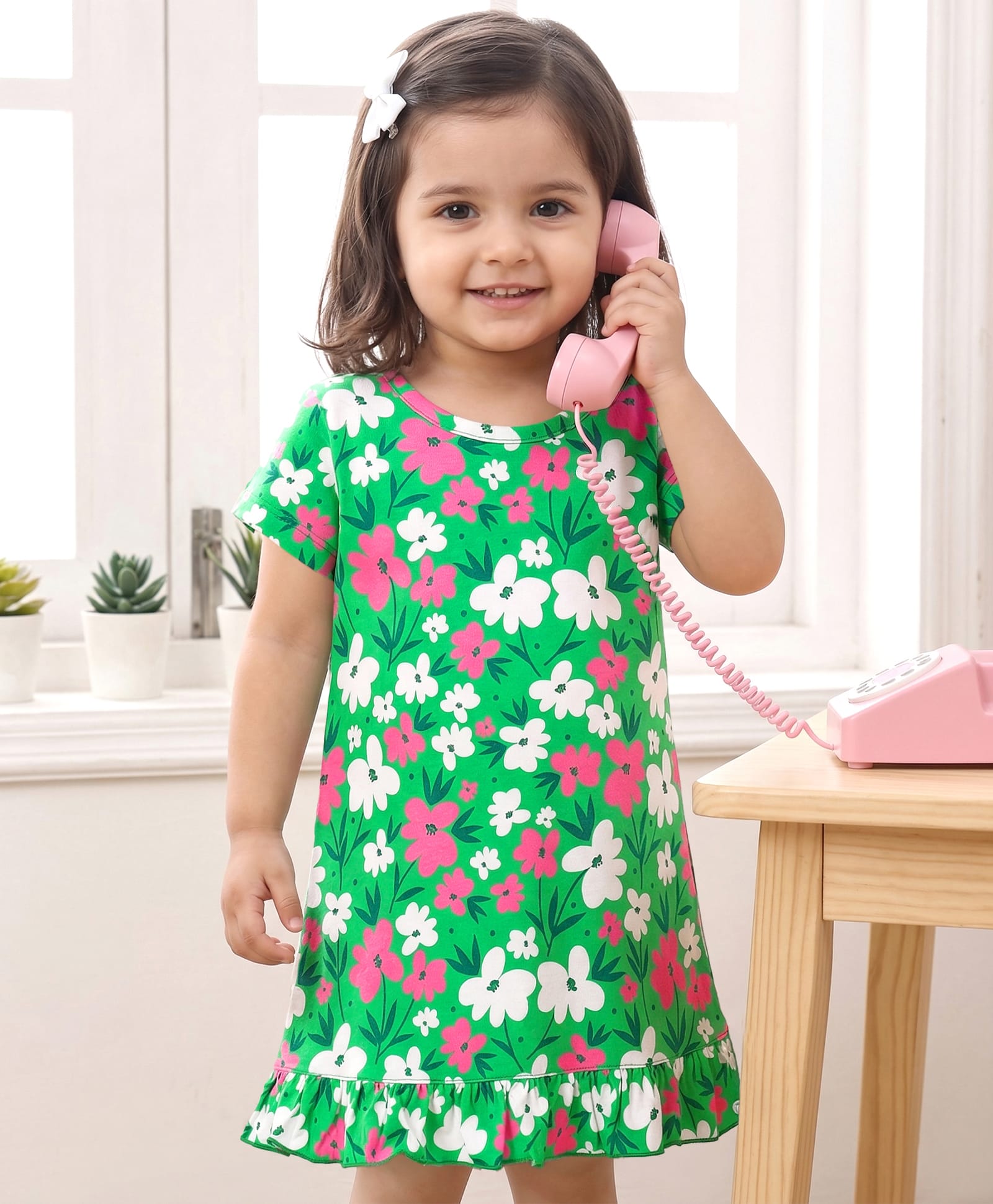 Babyhug Cotton Knit Half Sleeves Floral Printed A Line Nighty - Green-image-39