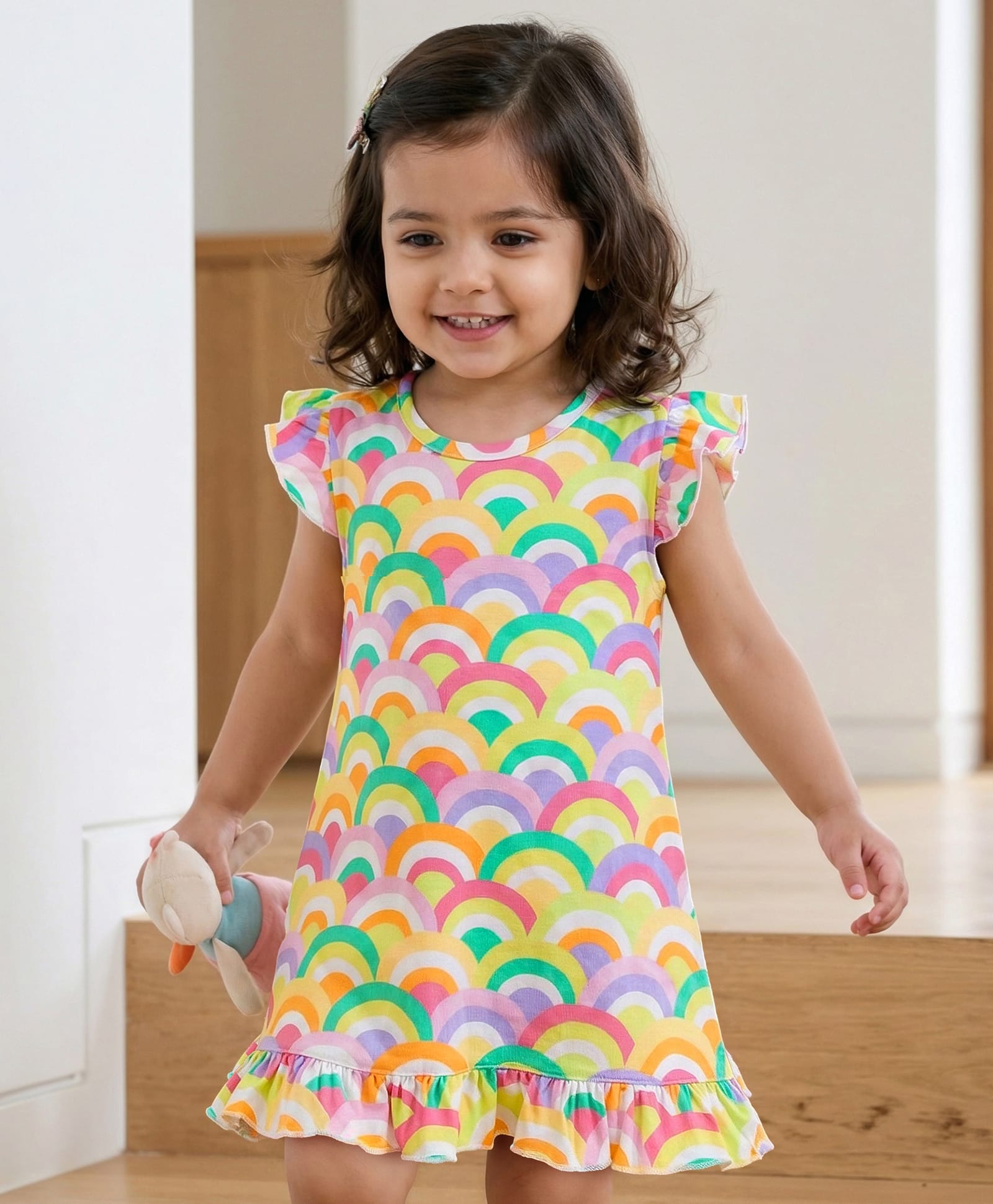 Babyhug Cotton Knit Frill Sleeves Nighty with Rainbow Print - Yellow-picture-21