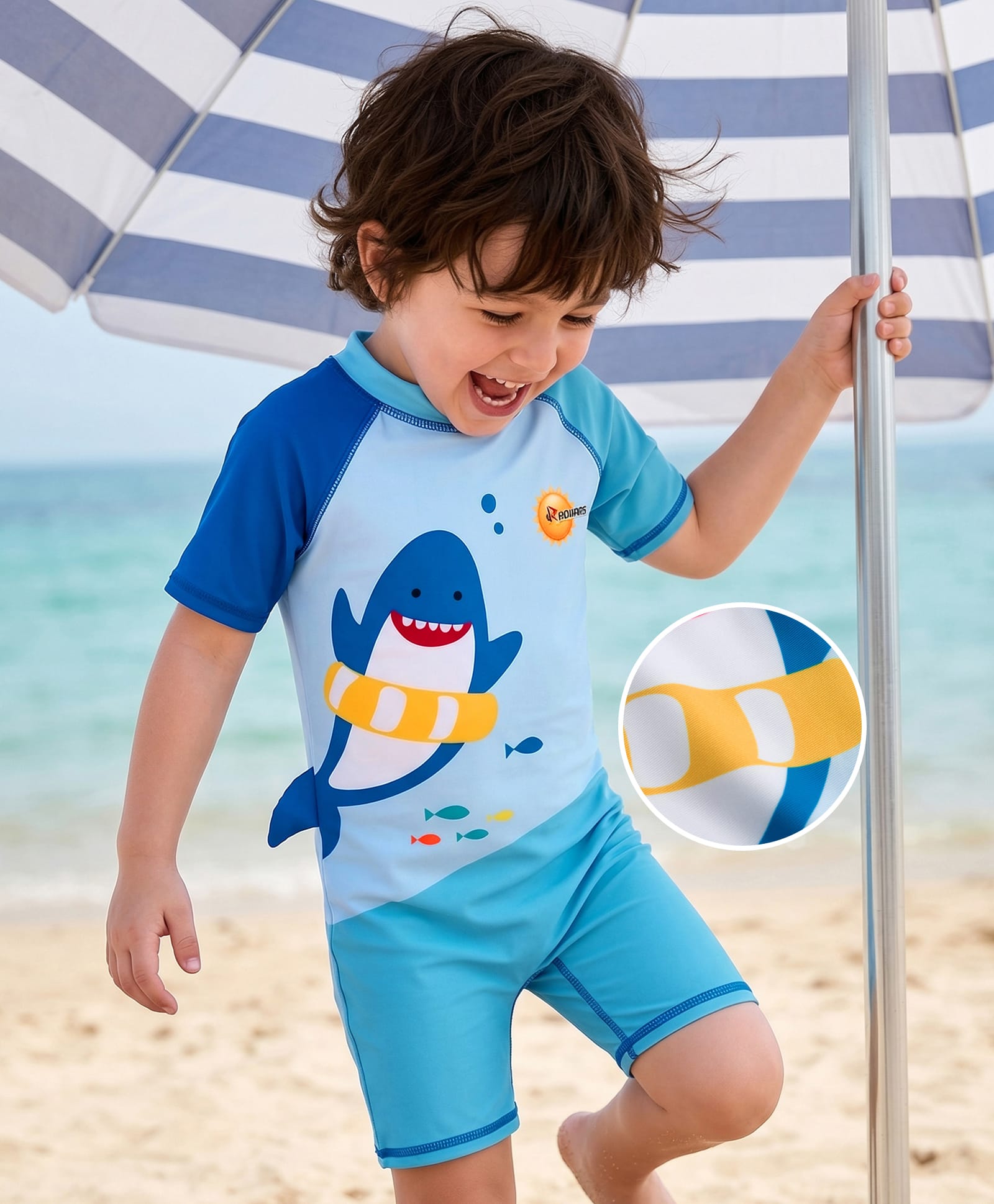 ROVARS Half Raglan Sleeves Legged Swimsuit With Shark Print - Blue-image-33