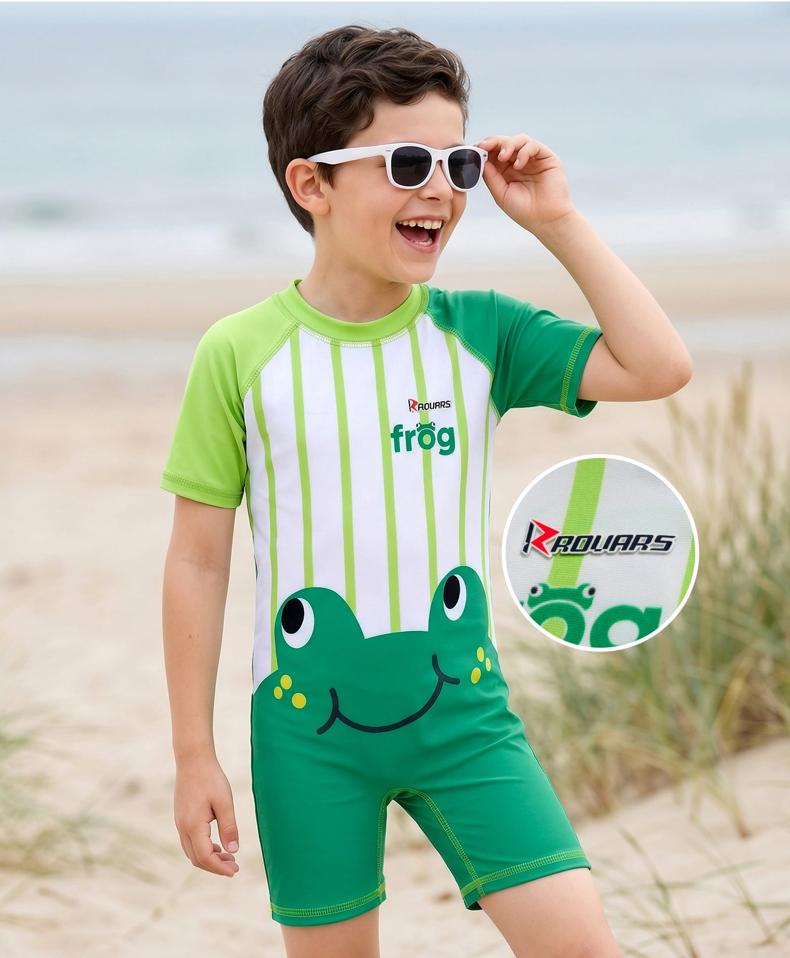 ROVARS Half Raglan Sleeves Legged Swimsuit With Frog Print - White & Green-picture-47
