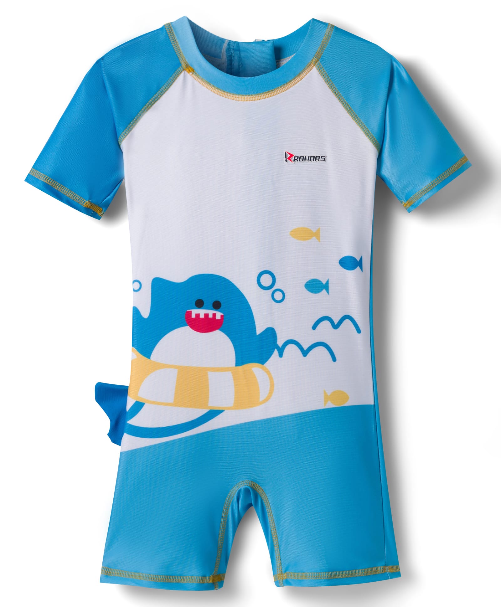 ROVARS Half Raglan Sleeves Legged Swimsuit With Shark Print - White & Blue-picture-35