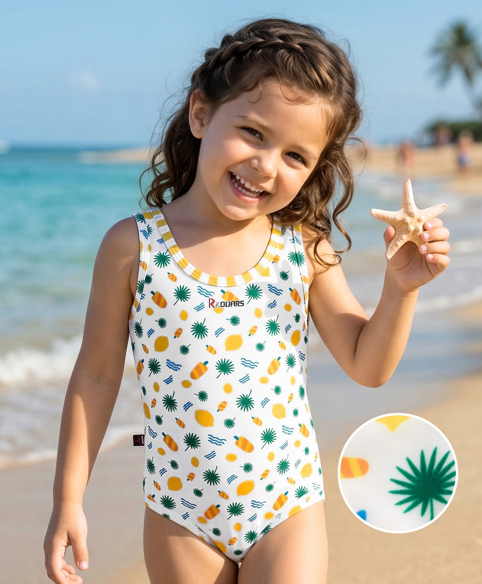 ROVARS Sleeveless V Cut Swimsuit With Tropical Print - White-picture-16