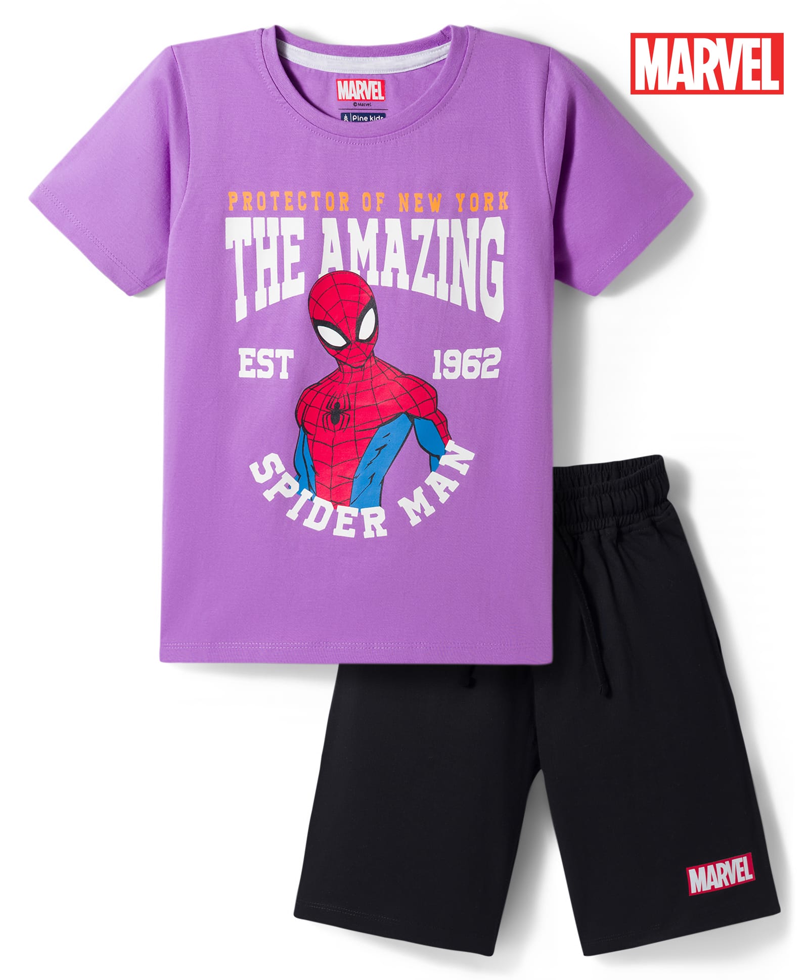Pine Kids Marvel 100% Cotton Knit Half Sleeves T-Shirt & Shorts Night Suit With Spider Man Graphic - Multi Color-image-32