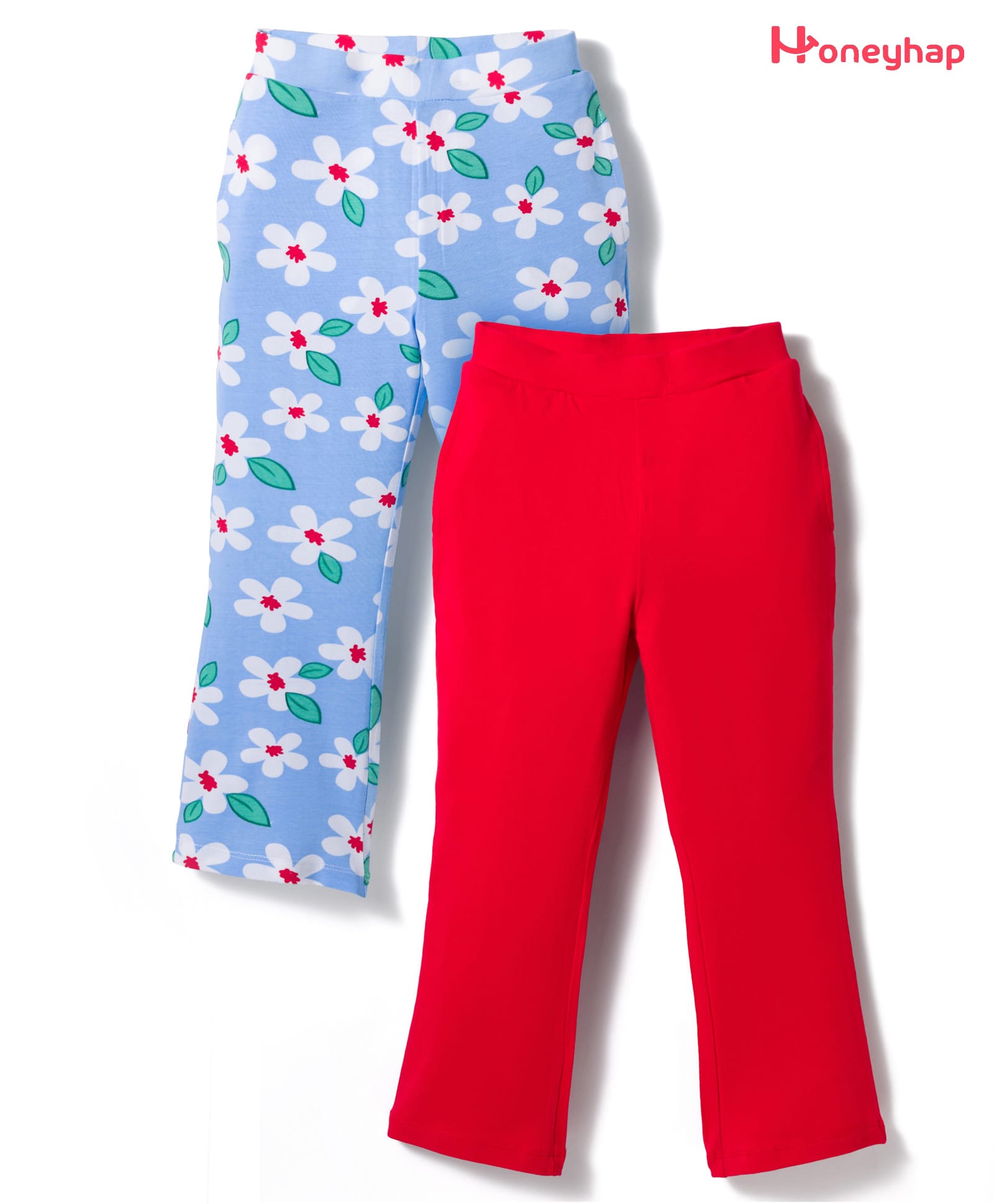 Honeyhap Premium 100% Cotton Knit Full Length Solid & Floral Printed Leggings With Bio Finish Pack Of 2 - High Risk Red & Airy Blue-picture-35