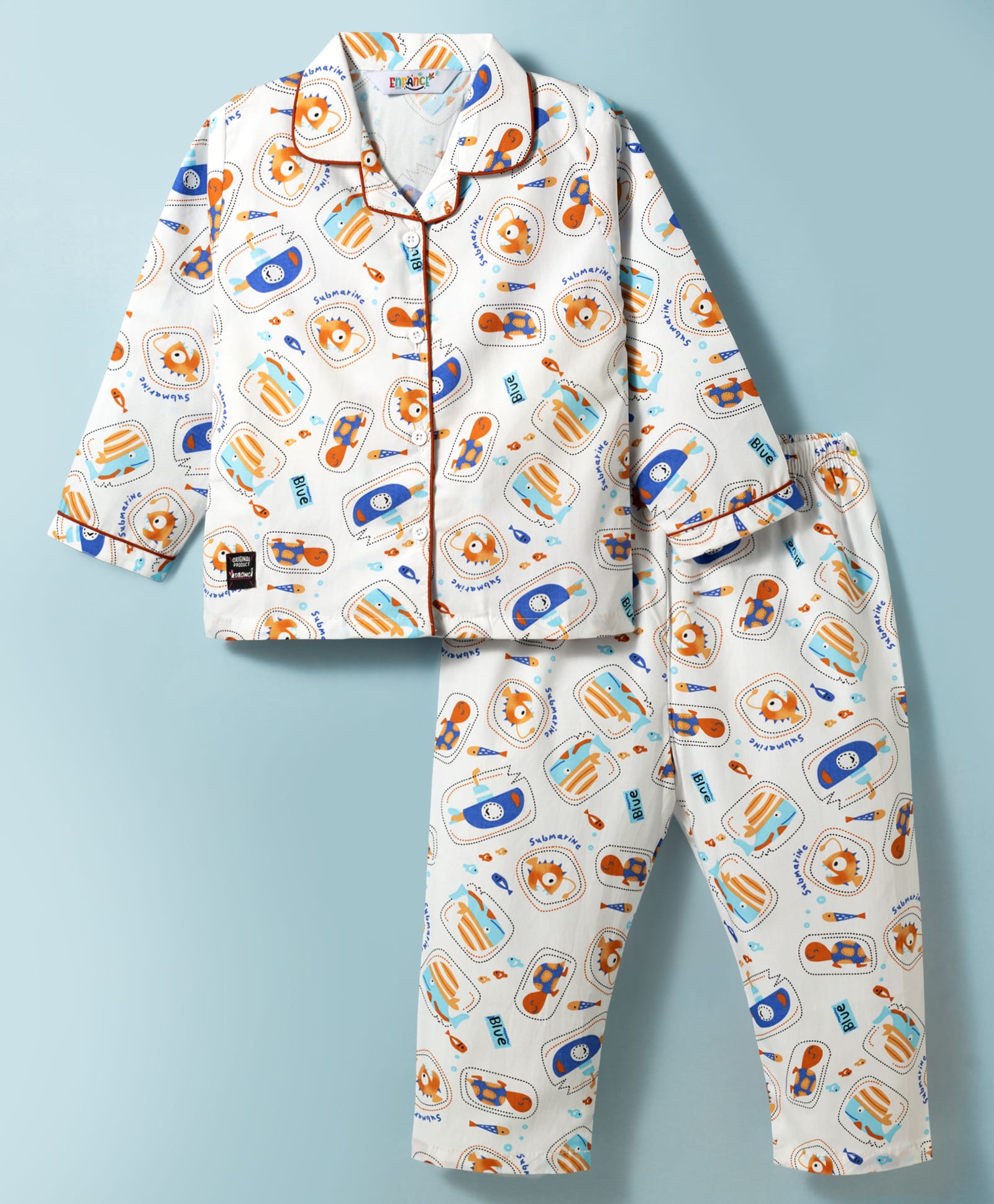 Enfance Core Cotton Woven Full Sleeves Sea Life Printed Co-ords Shirt & Pajama Night Suit - White-picture-38