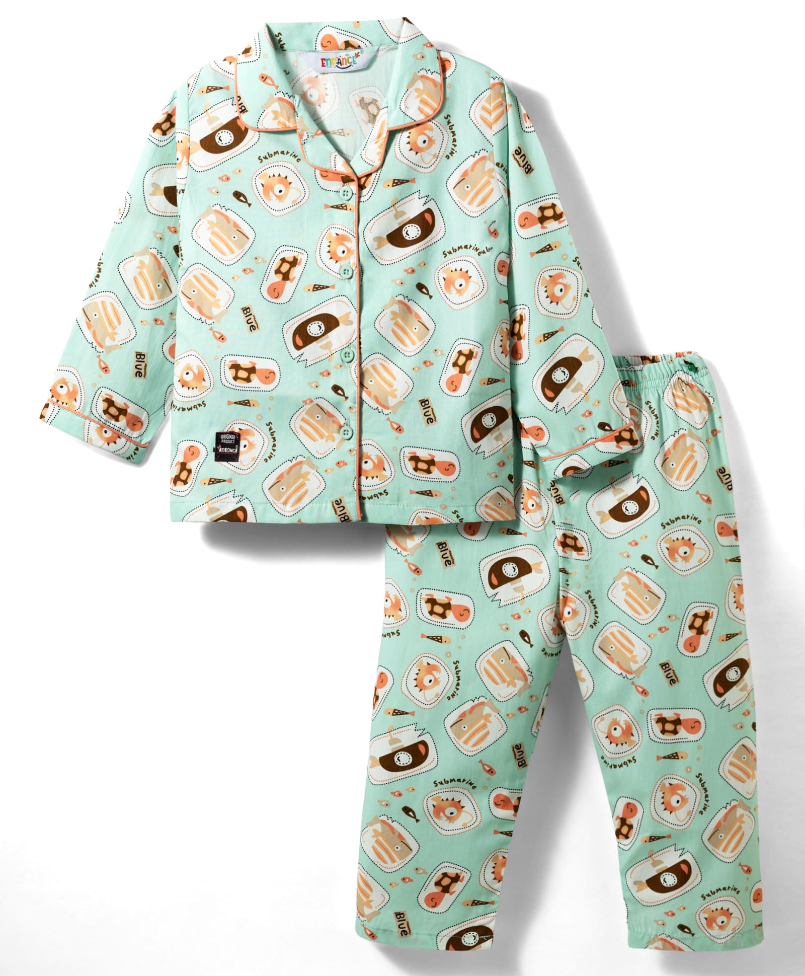 Enfance Core Cotton Woven Full Sleeves Sea Life Printed Co-ords Shirt & Pajama Night Suit - Light Green-picture-21