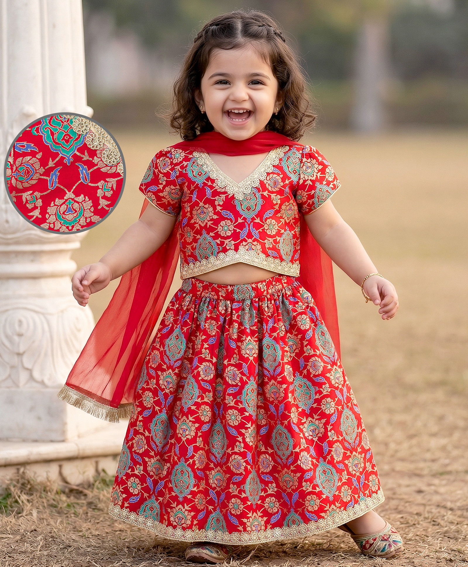 EARTHY TOUCH Cotton Knit Half Sleeves Foil Floral Printed Choli Lehenga & Dupatta Set with Lace Detailing - Red-image-21