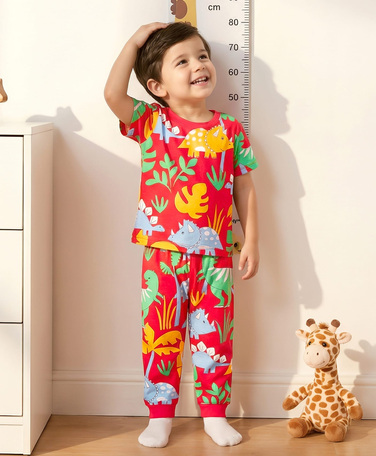 Babyhug Cotton Knit Half Sleeves T-Shirt & Pyjama Co-ord Night Suit With Dino Print - Red-image-48