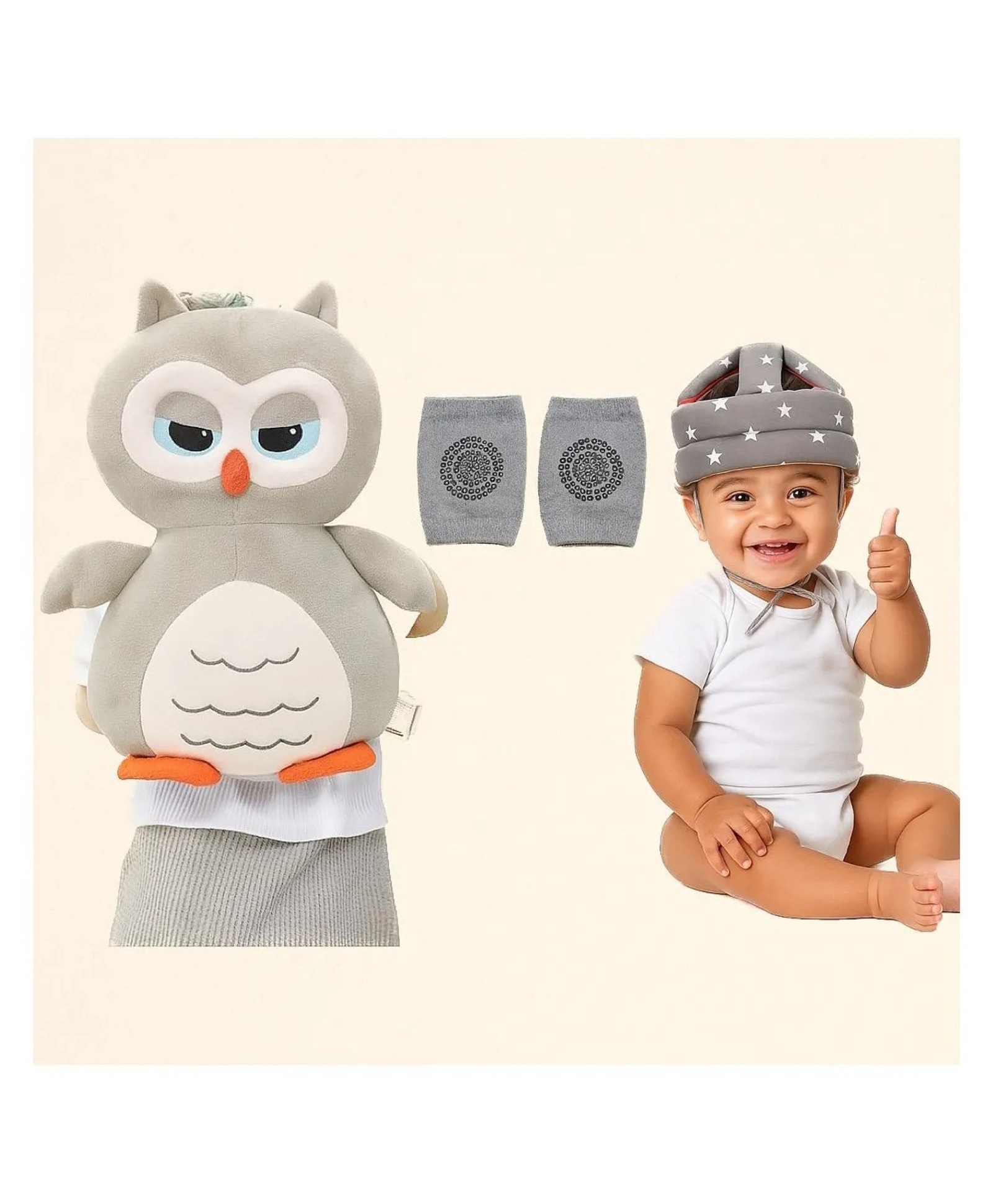 MIHAR ESSENTIALS safety combo of Baby Helmet Head Protector and knee pads (Grey star helmet Grey Owl Head protector and multicolor knee pads) - Grey-image-32