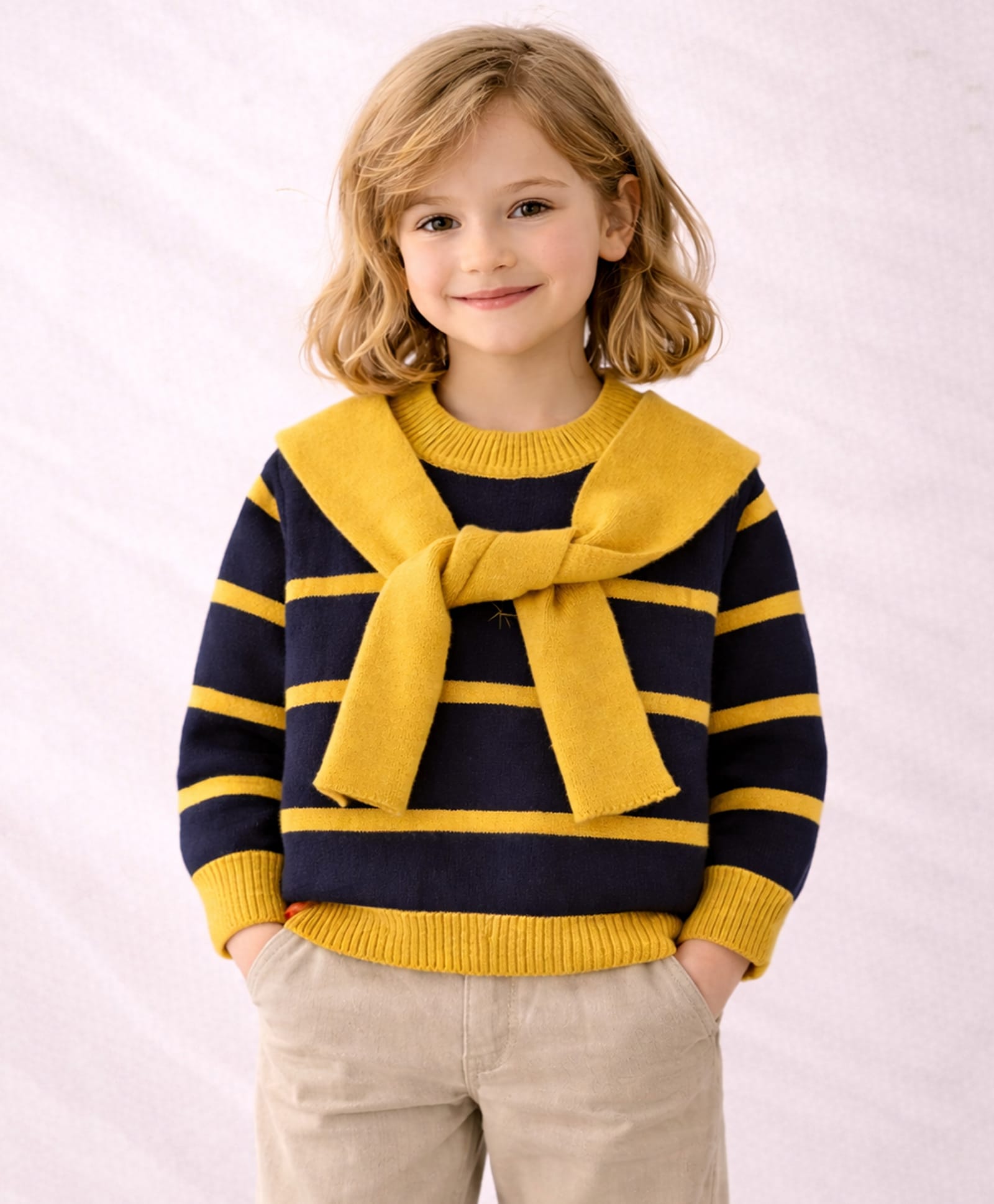 Little Surprise Box Knitted Knit Full Sleeves Striped Sweater With Muffler - Navy Blue-picture-26