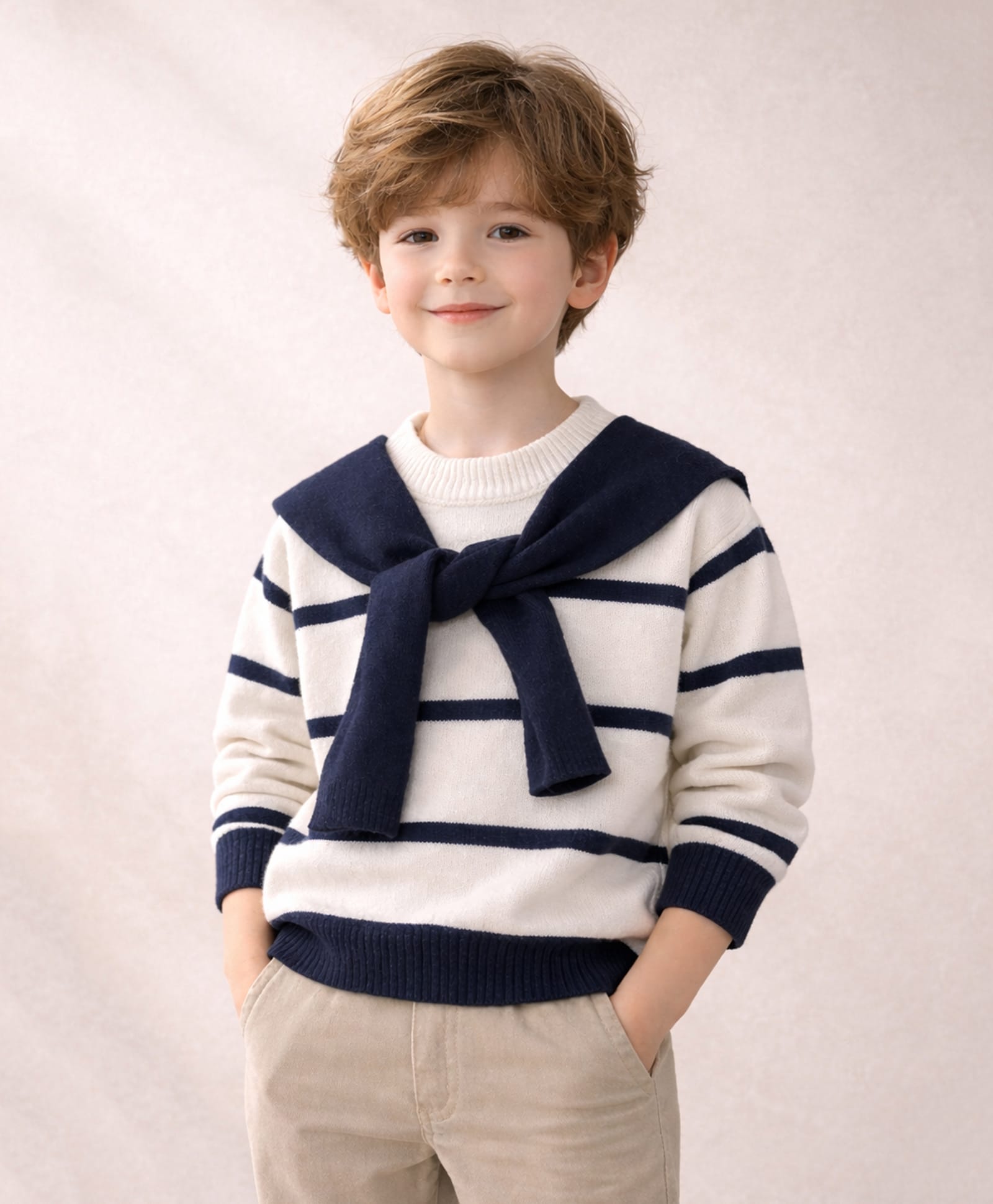 Little Surprise Box Knitted Knit Full Sleeves Striped Sweater With Muffler - White-picture-25