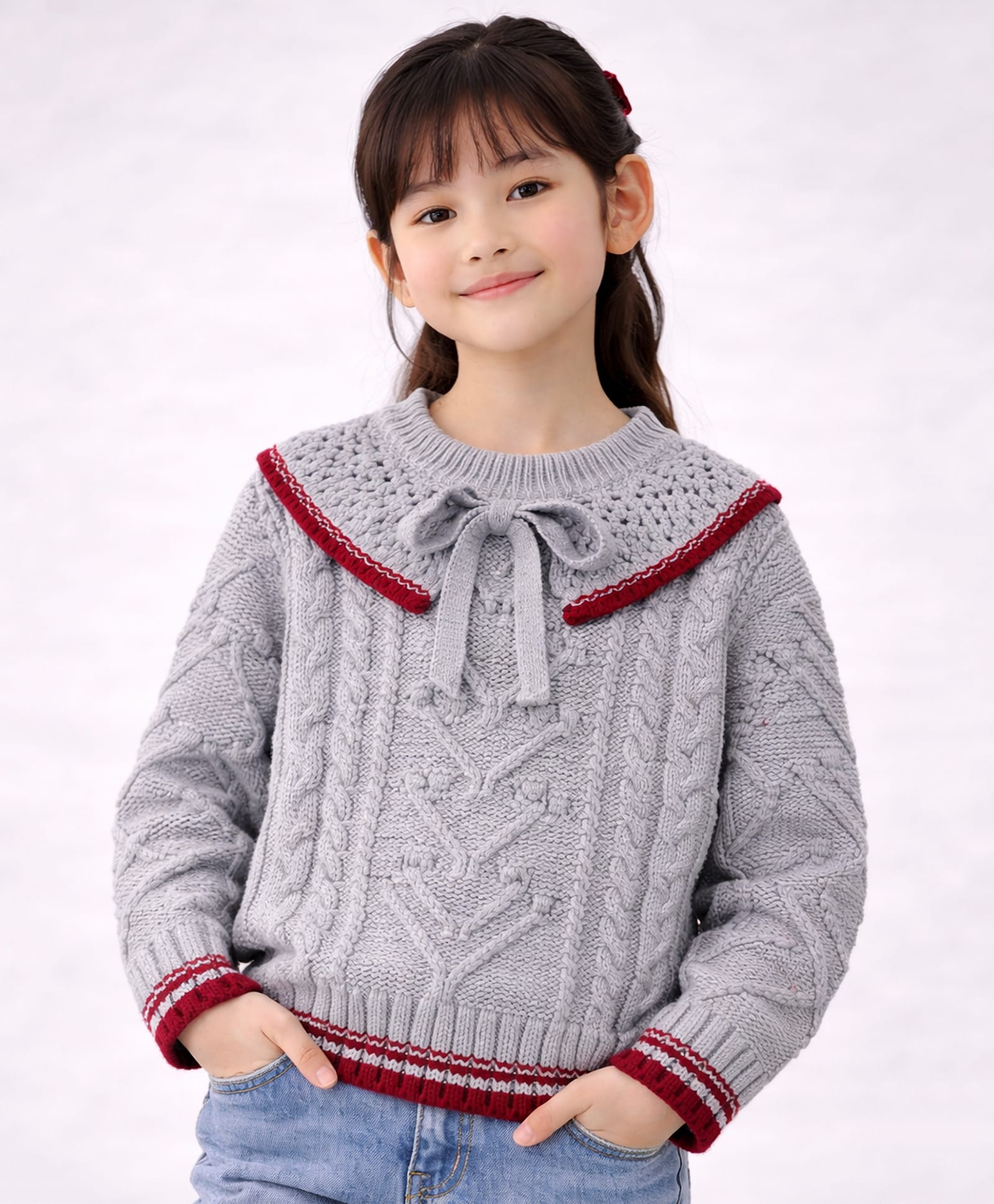 Little Surprise Box Knitted Knit Full Sleeves Bow Applique Detailed Sweater - Grey-picture-16