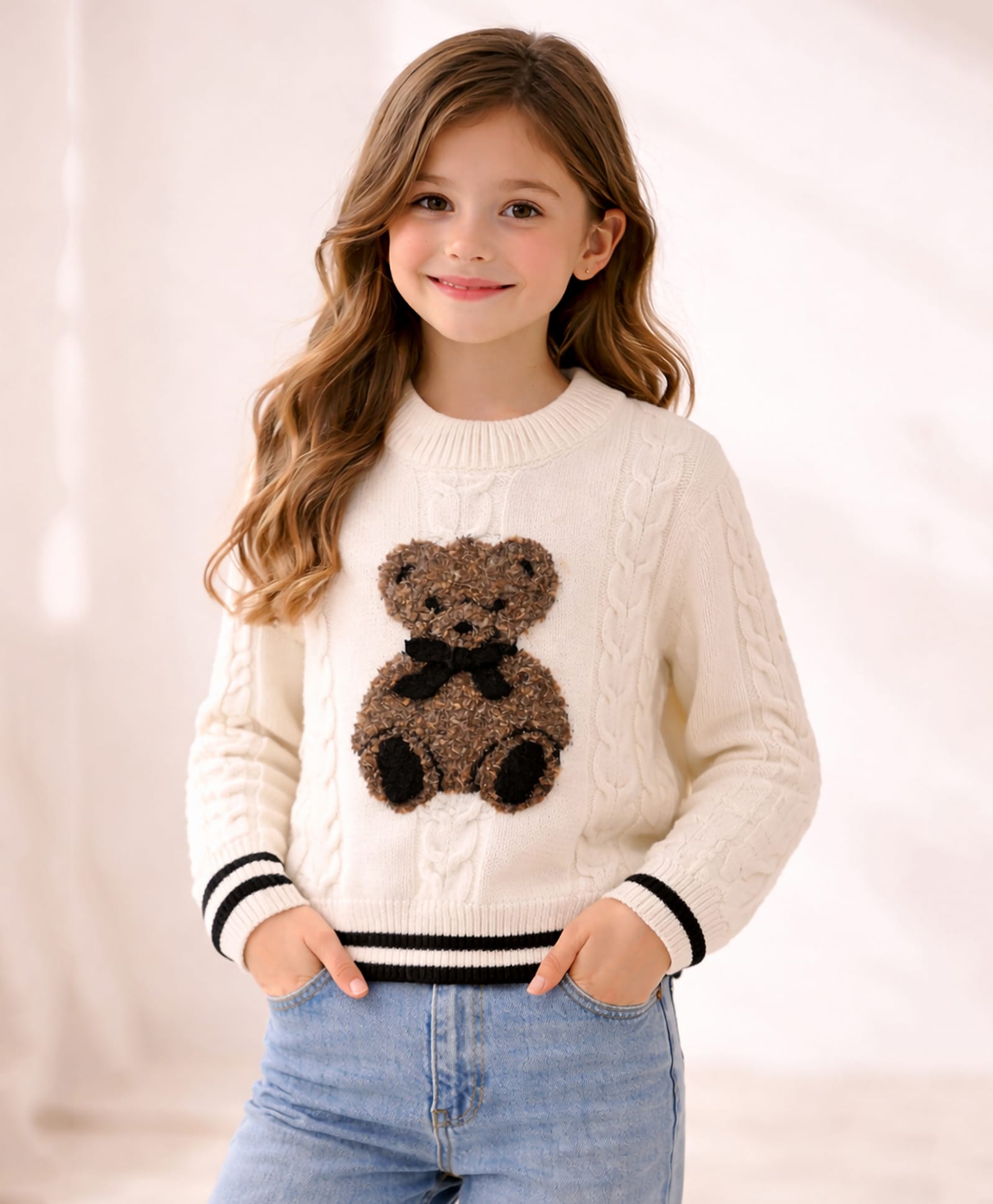 Little Surprise Box Knitted Knit Full Sleeves Teddy Patch Detailed Sweater - Cream-picture-34