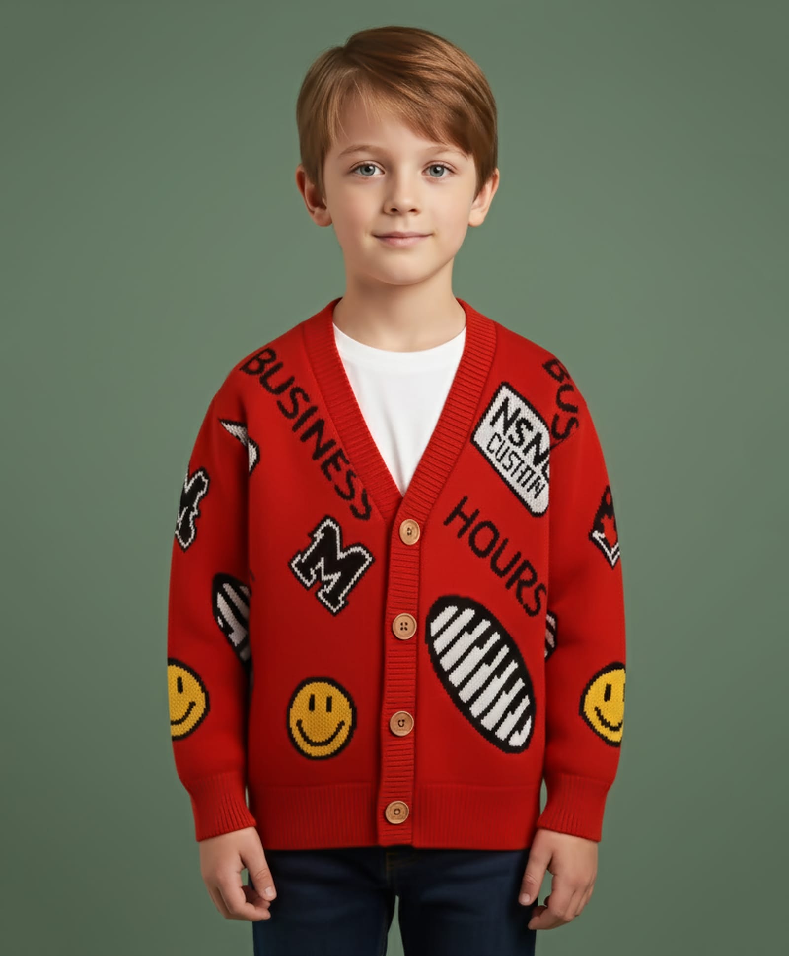 Little Surprise Box Knitted Knit Full Sleeves Smiley & Typography Designed Cardigan - Red-picture-20