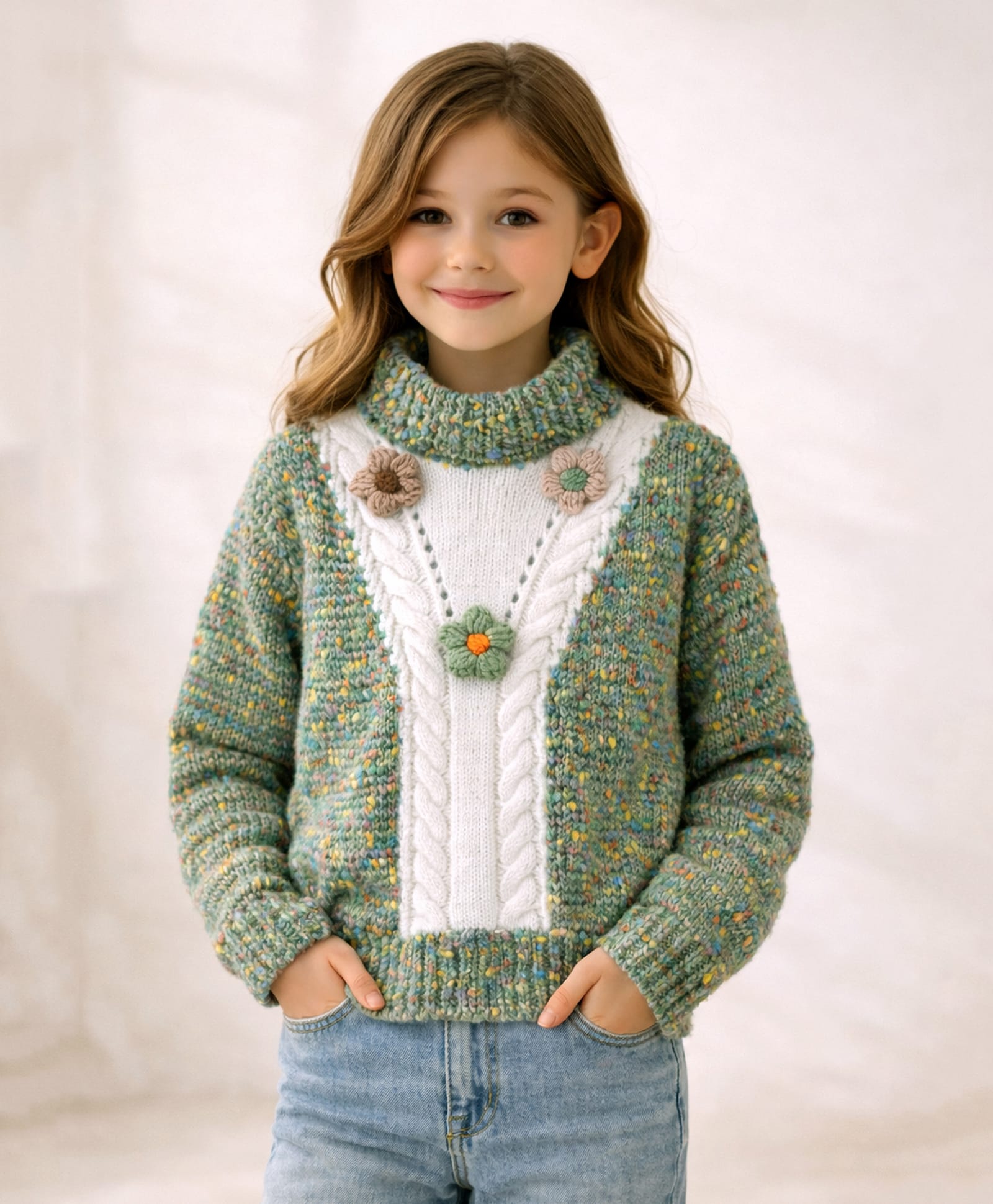 Little Surprise Box Knitted Knit Full Sleeves Floral Applique Detailed Sweater - Green-picture-10