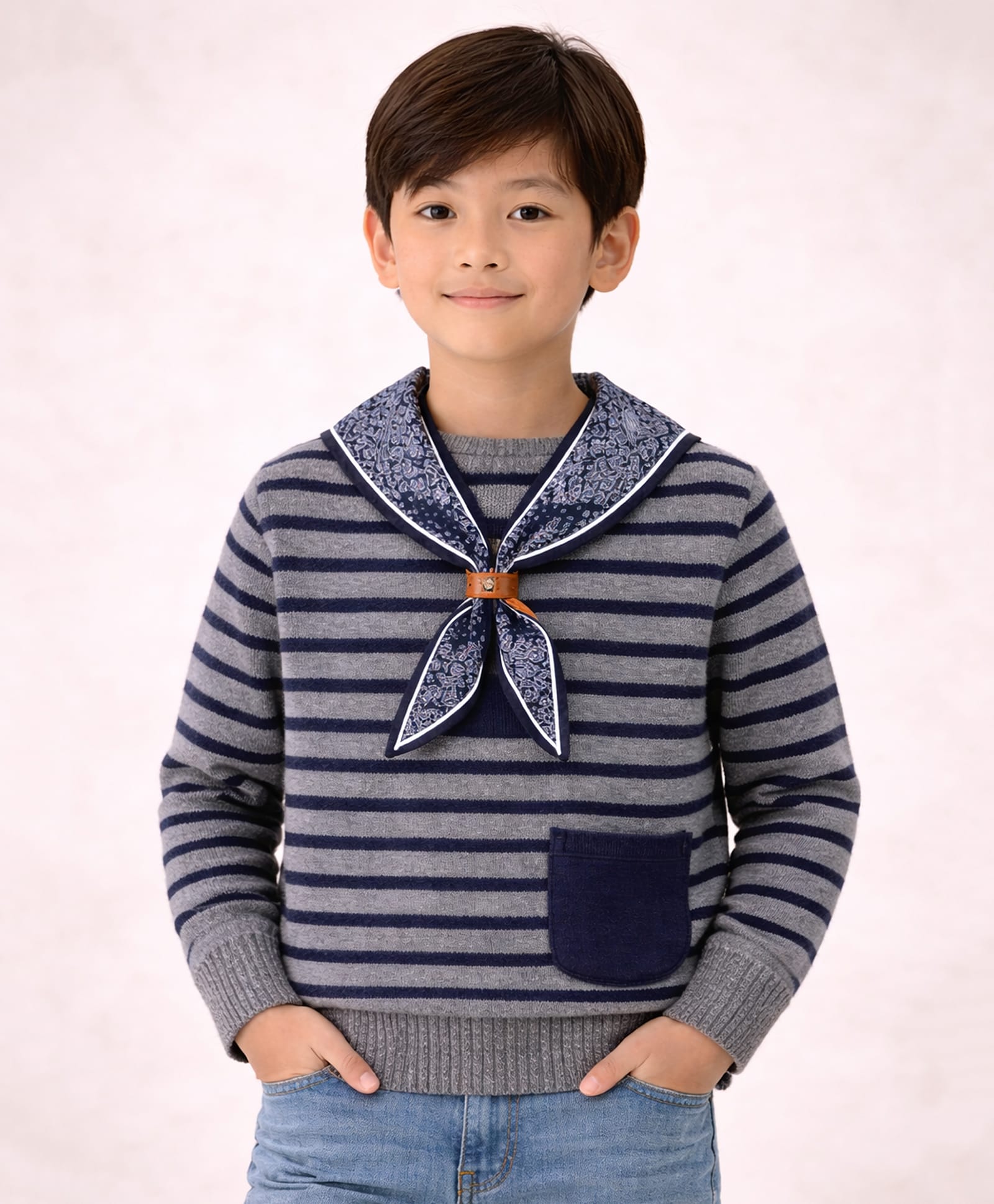 Little Surprise Box Knitted Knit Full Sleeves Striped Sweater With Muffler - Grey-picture-25