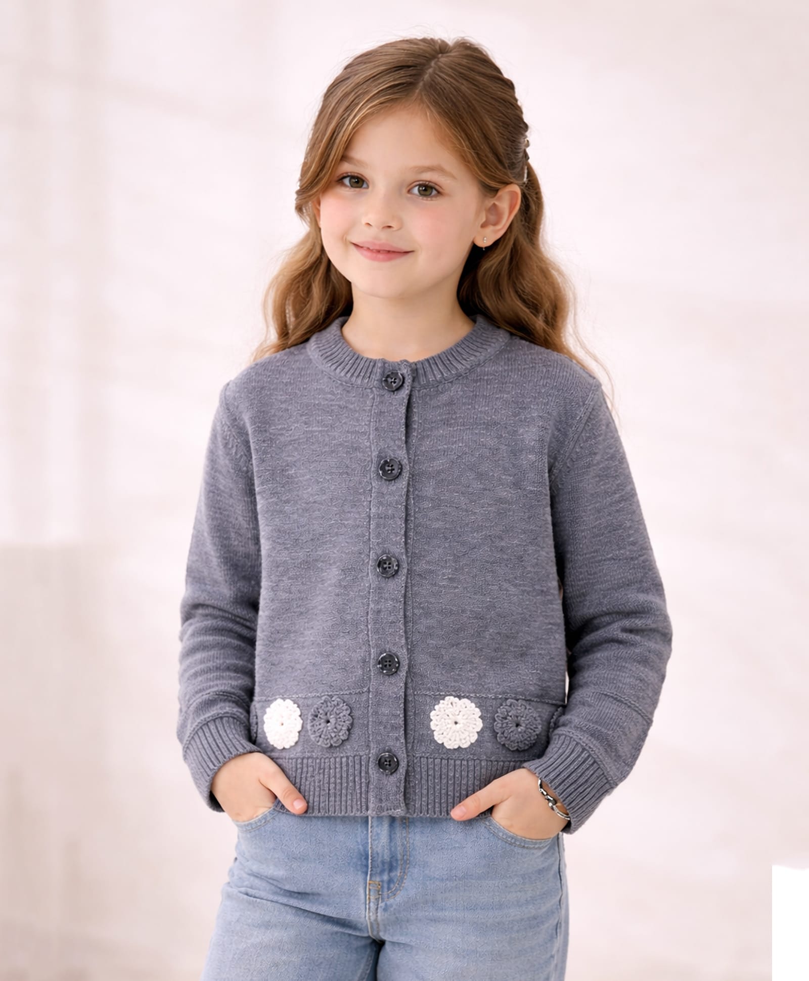 Little Surprise Box Knitted Knit Full Sleeves Floral Applique Detailed Cardigan - Grey-picture-29