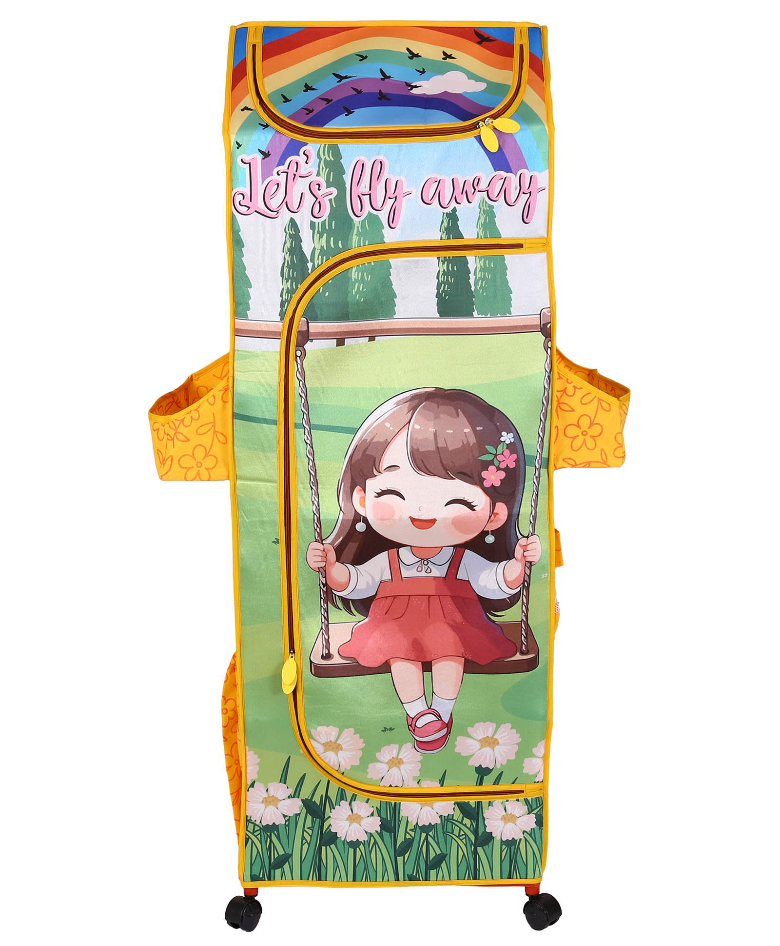 Kudos Kids Girl on Swing Yellow Plastic Wardrobe Rack with Removable Fabric Cover | 5-Shelf Baby Clothes & Toy Organizer | Lightweight Kids Plastic Almirah Storage Cabinet-image-5
