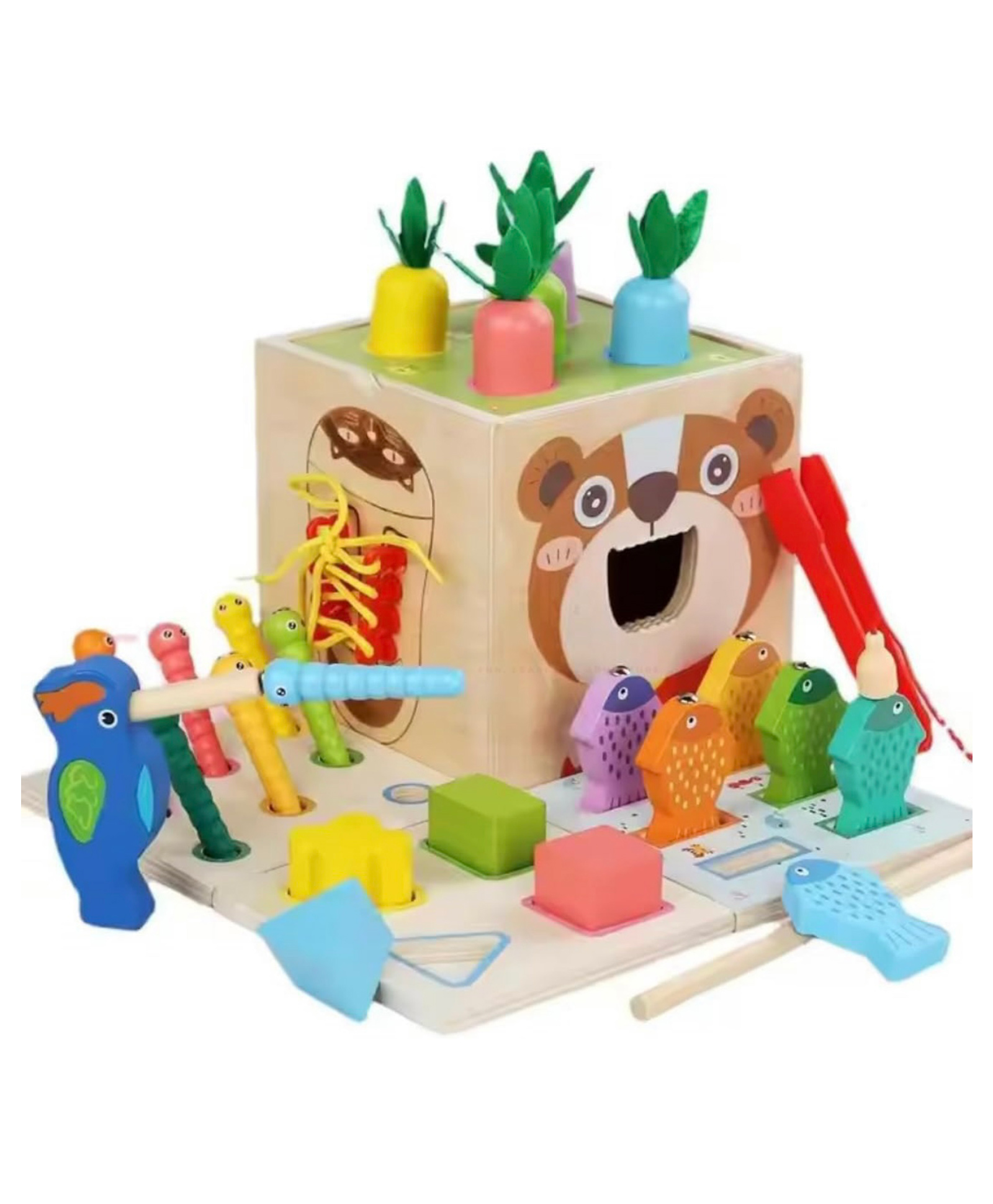 ARCADE TOYS 8 in-1 Wooden Montessori Activity Cube Toy for Toddlers Fishing, Carrot Harvest, Shape Sorter, Worm Catching, Bead Maze Educational Learning Toy for Kids Multicolour-picture-26