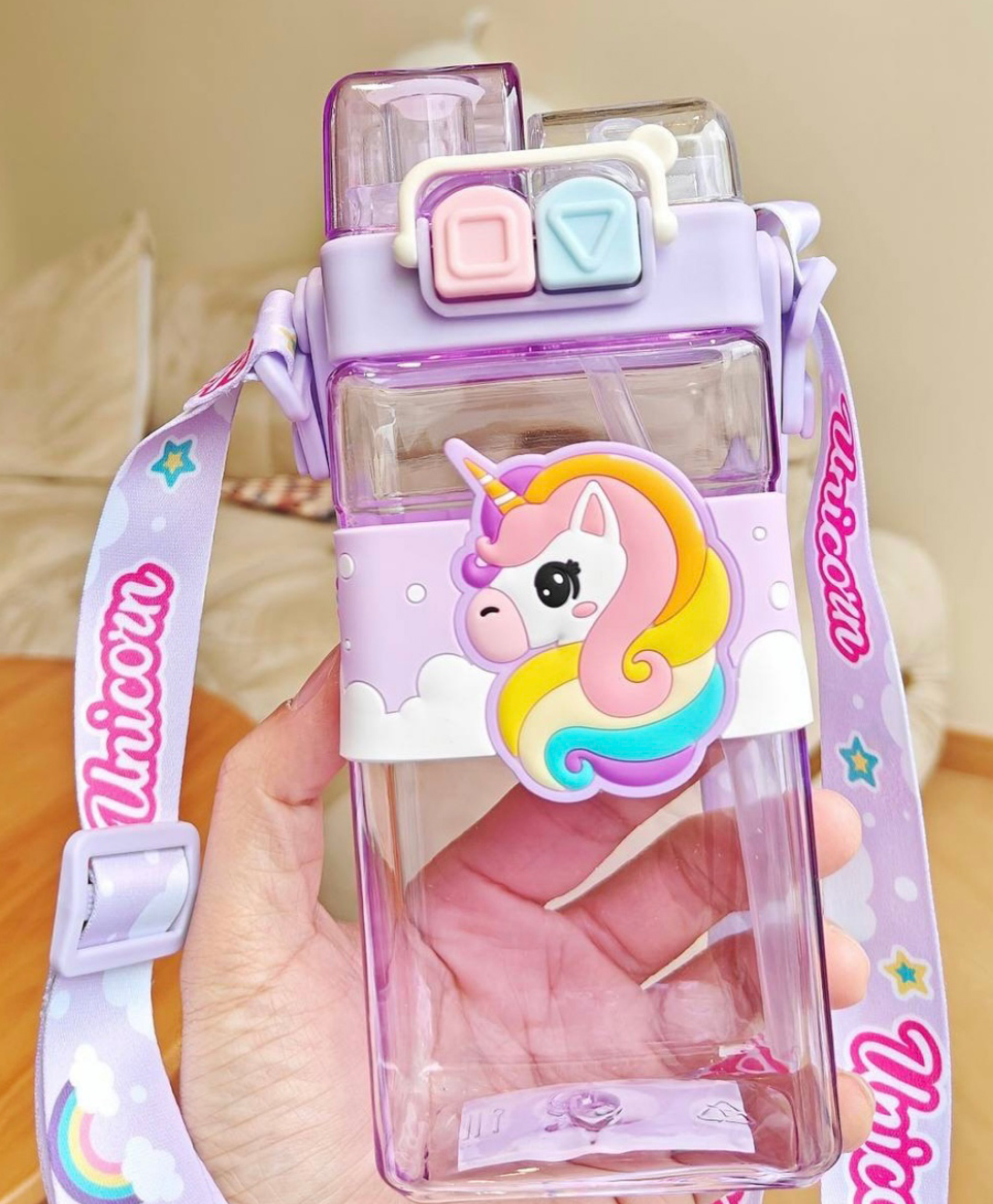 ARCADE TOYS 520 ML Unicorn PP School water Bottle for girls with Strap and handle 520 ml Plastic Bottle (Multicolour)-image-1
