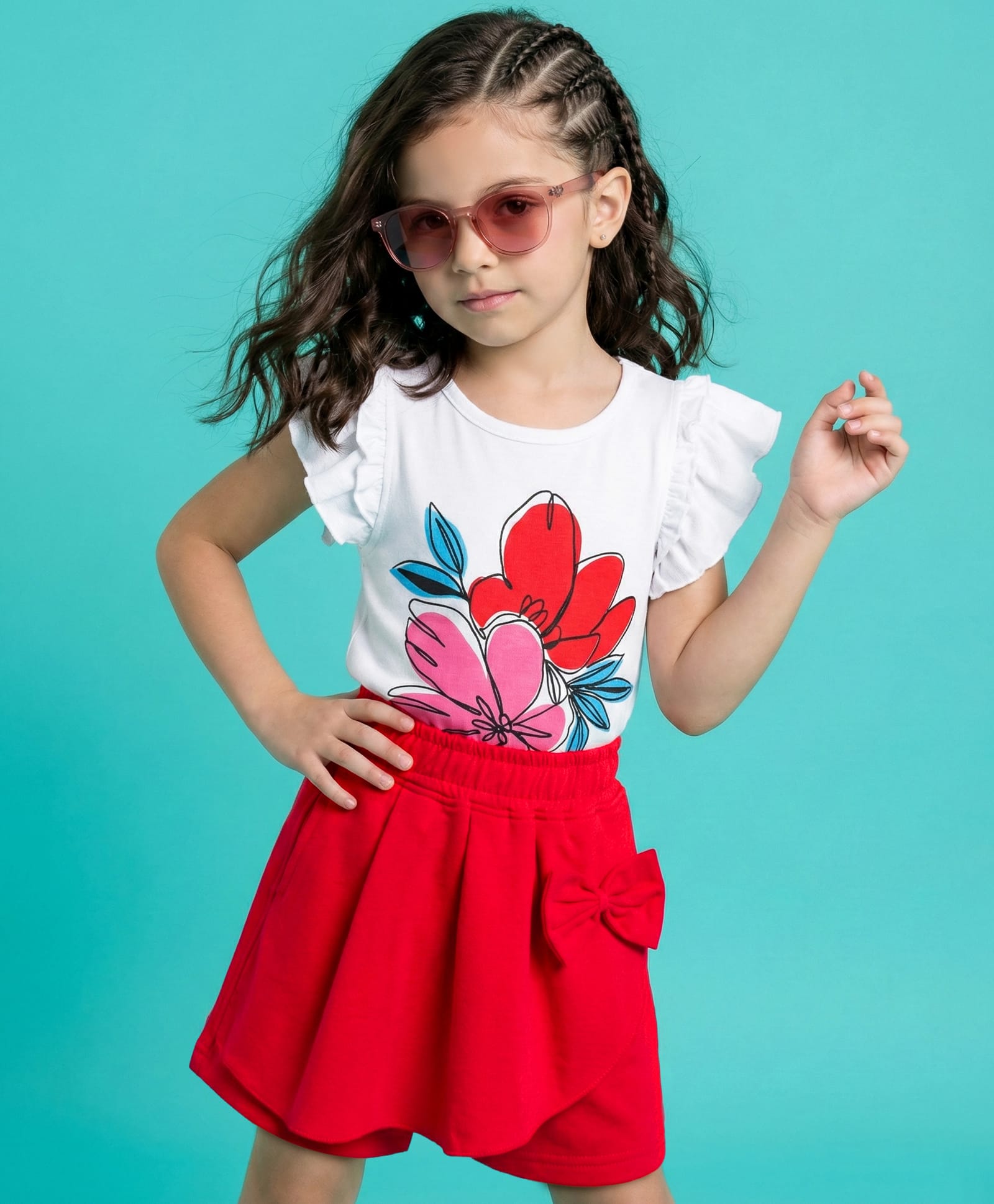 OLLINGTON ST. Cotton Knit Half Frill Sleeves Floral Printed Top & Knit Skort Set - Multicolour & Red-picture-25