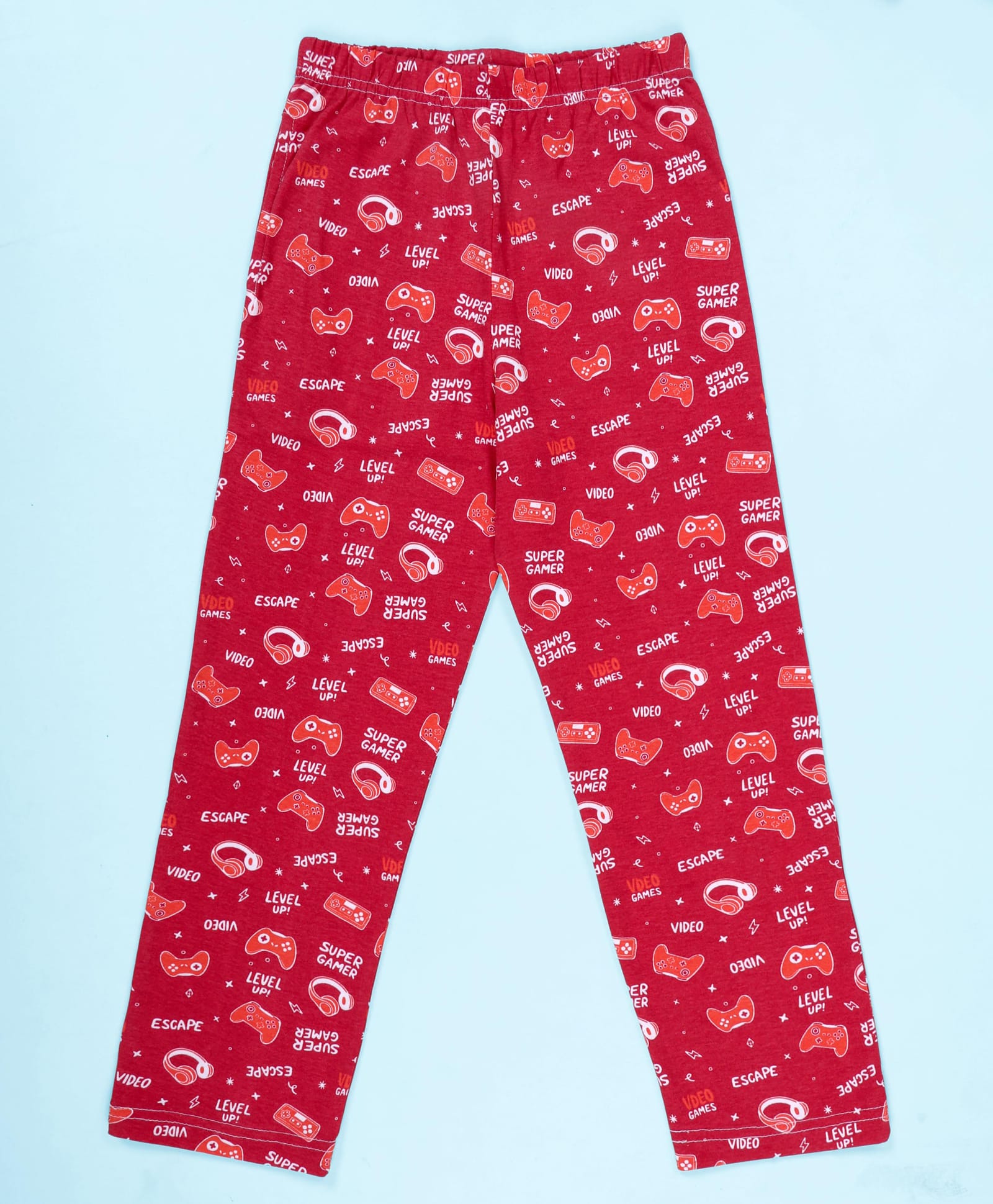 Kiddopanti Cotton Knit Gaming Console & Super Gamer Text Printed Pajama - Maroon-picture-17
